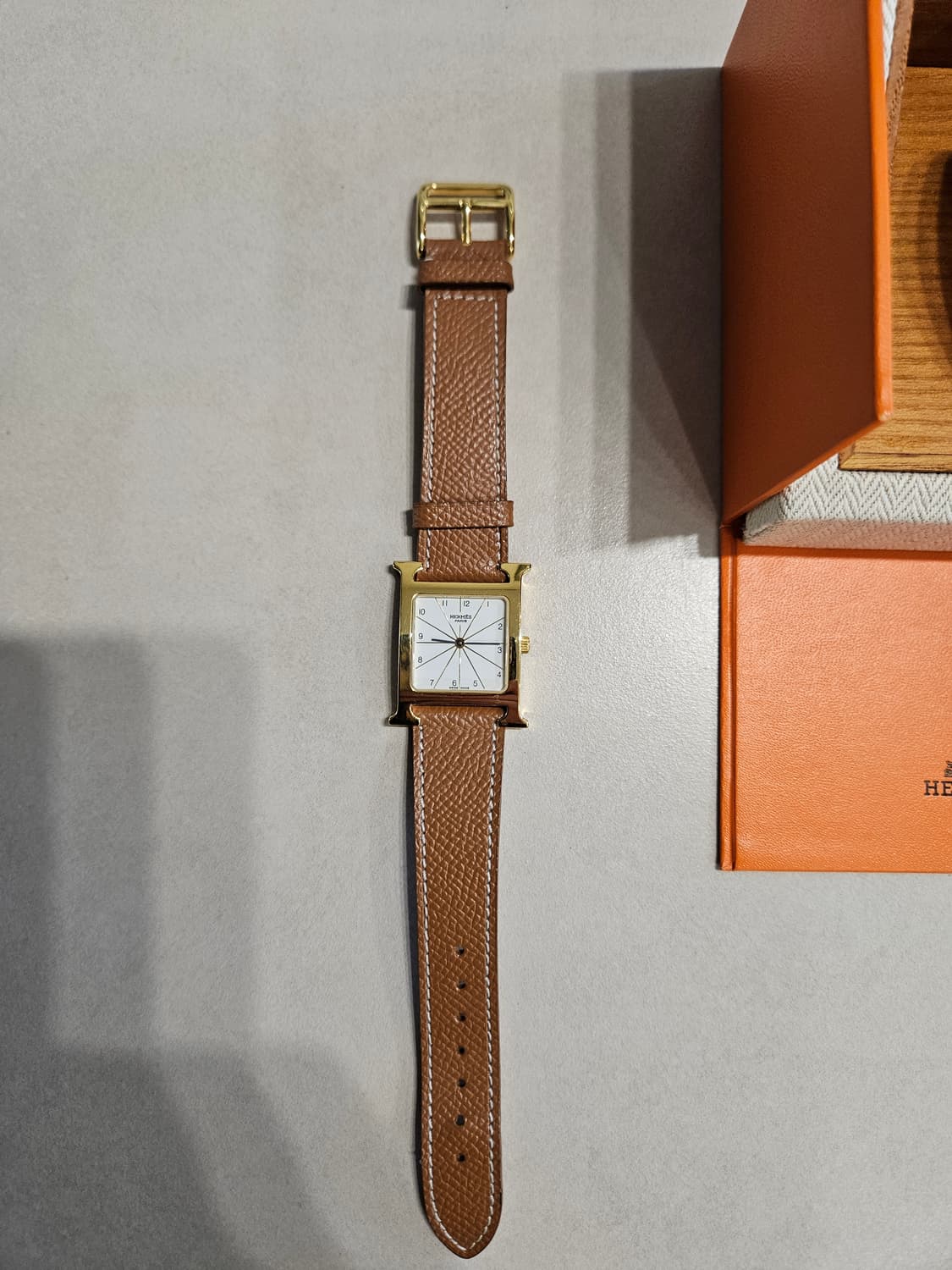 에르메스 H아워 금장 브라운 가죽 시계 풀박스 상품이미지3