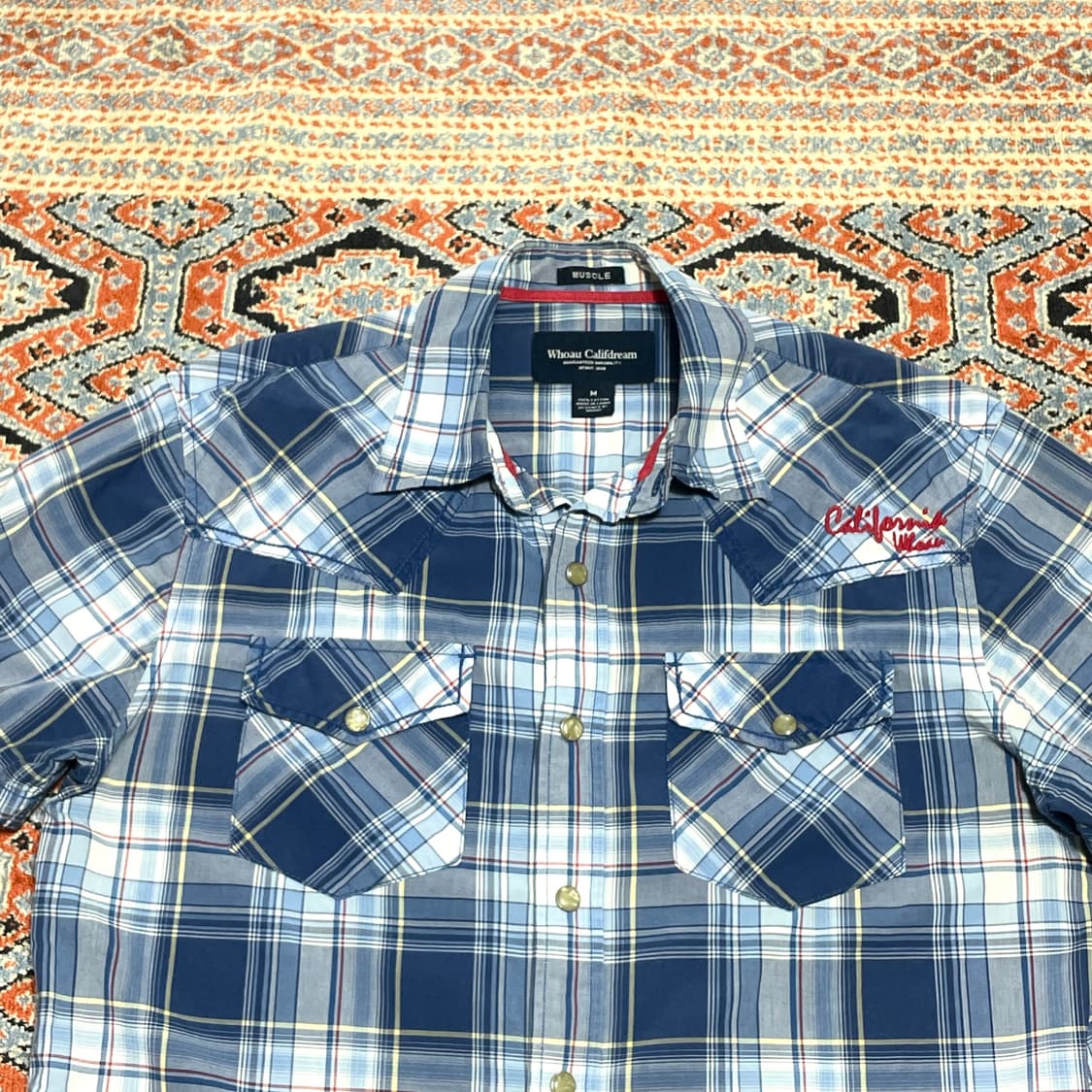 후아유 블루 타탄체크 웨스턴 반팔셔츠 남성M 상품이미지2