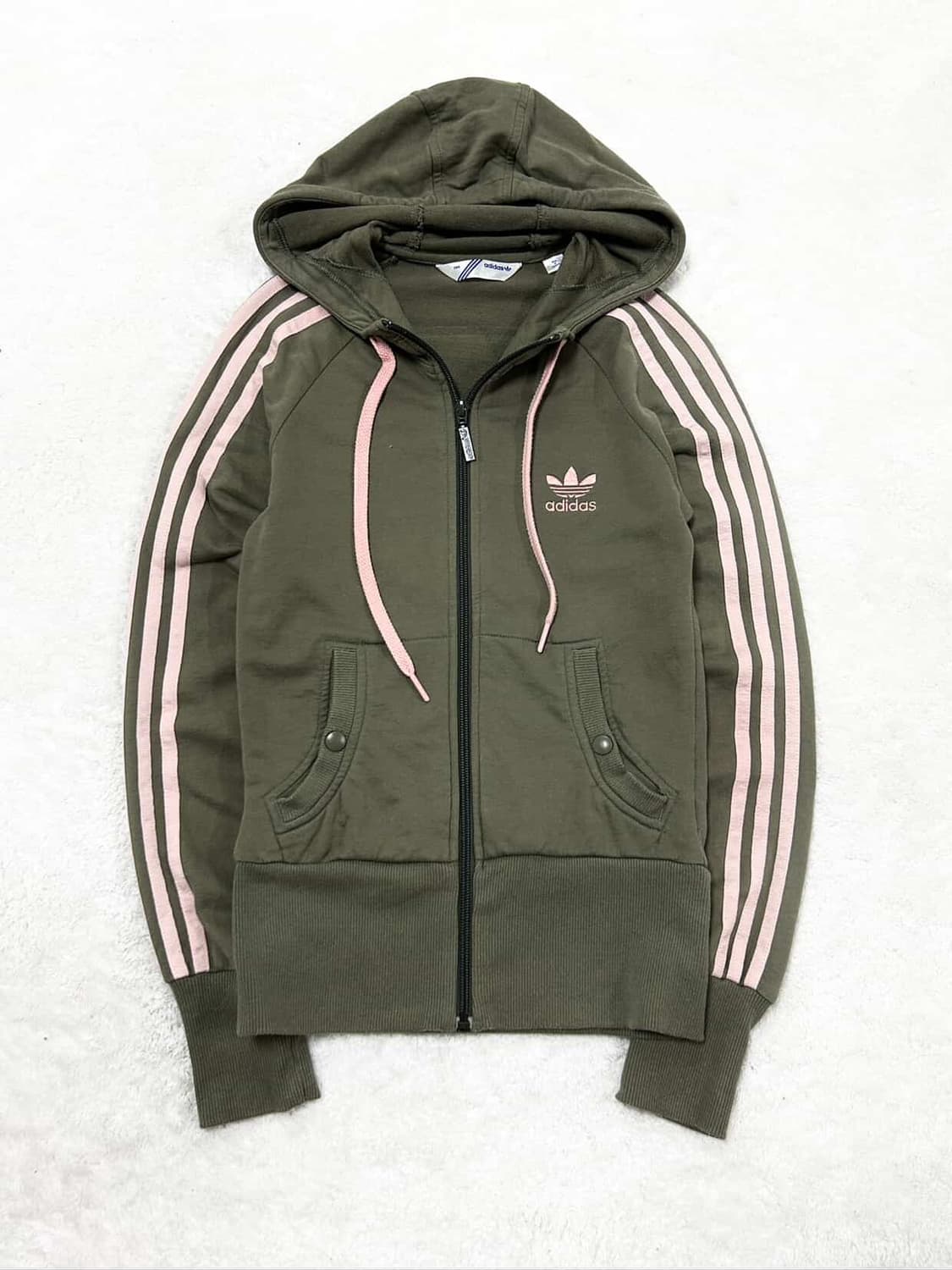 아디다스 빅로고 카키 핑크삼선 후드집업 상품이미지6