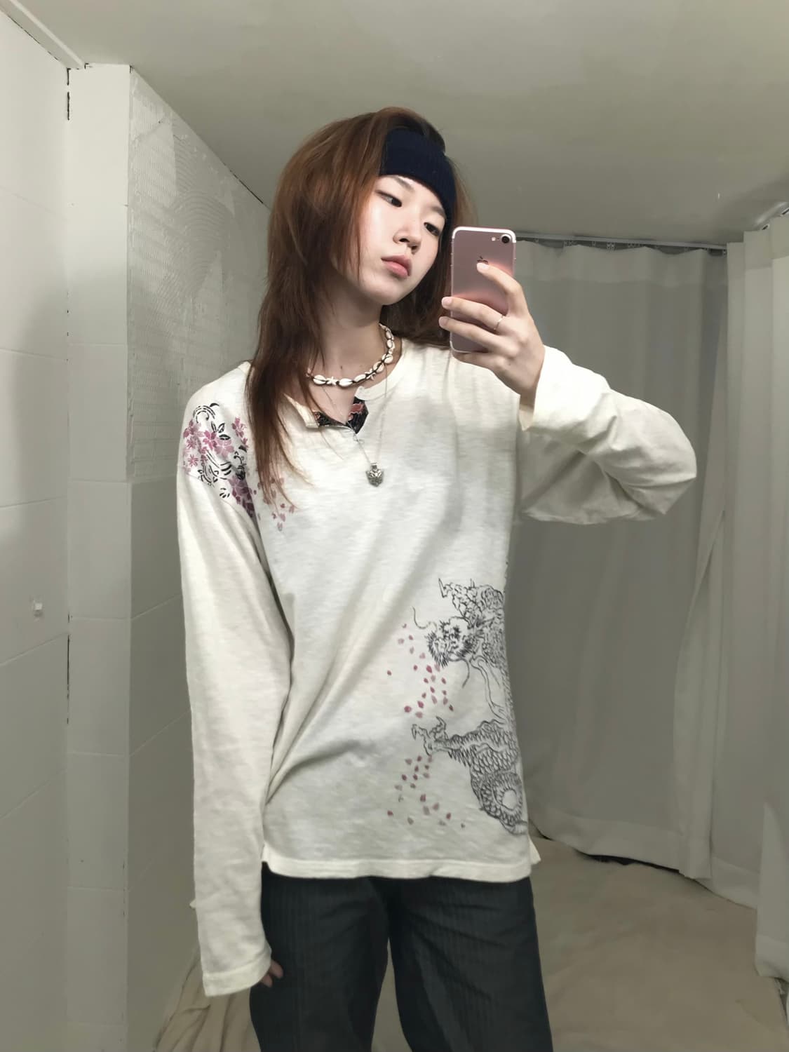 빈티지 오리엔탈 용 프린팅 화이트 롱슬리브 상품이미지2