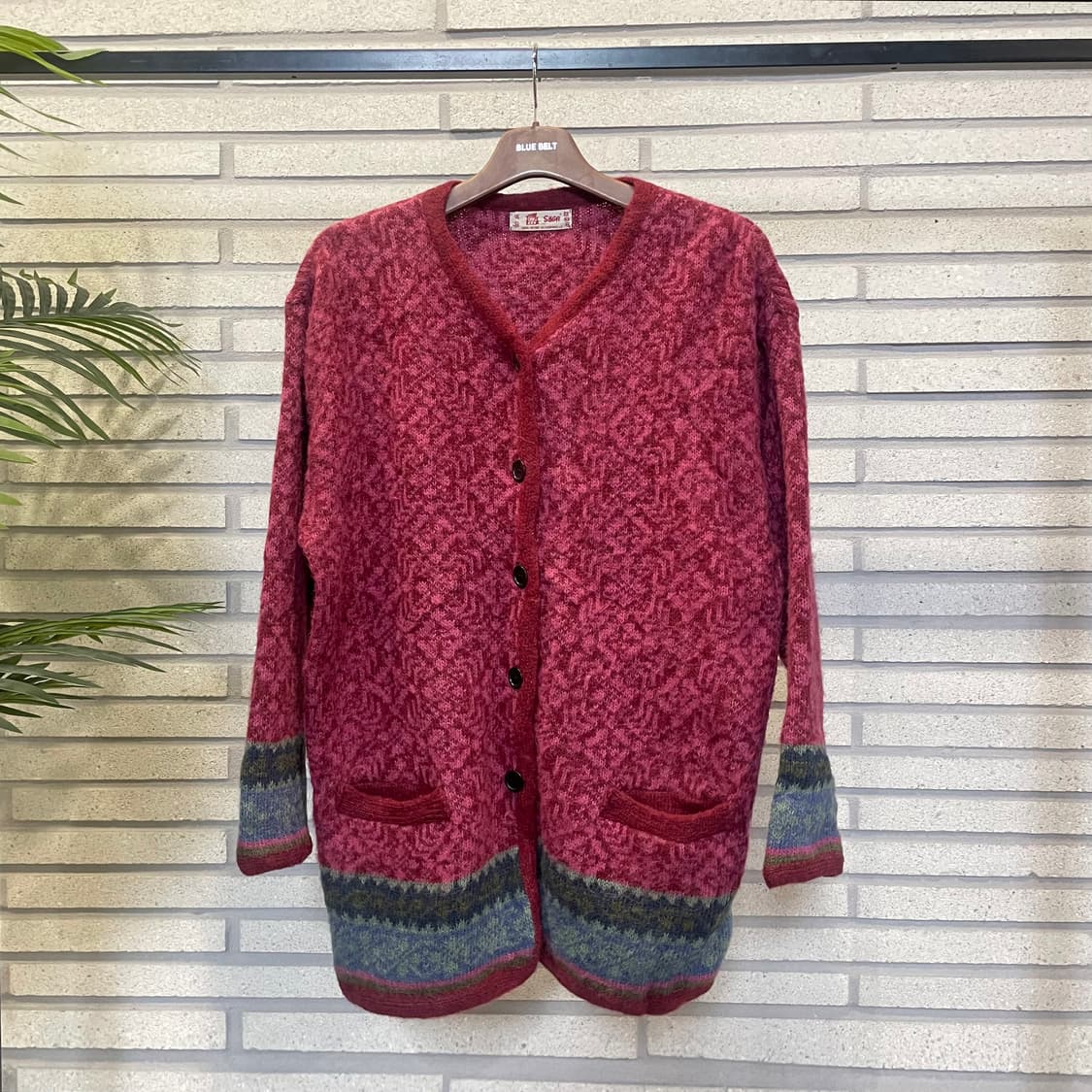 USA VINTAGE 노르딕 니트 가디건 로즈 패턴 투포켓 디테일 핑크 상품이미지2