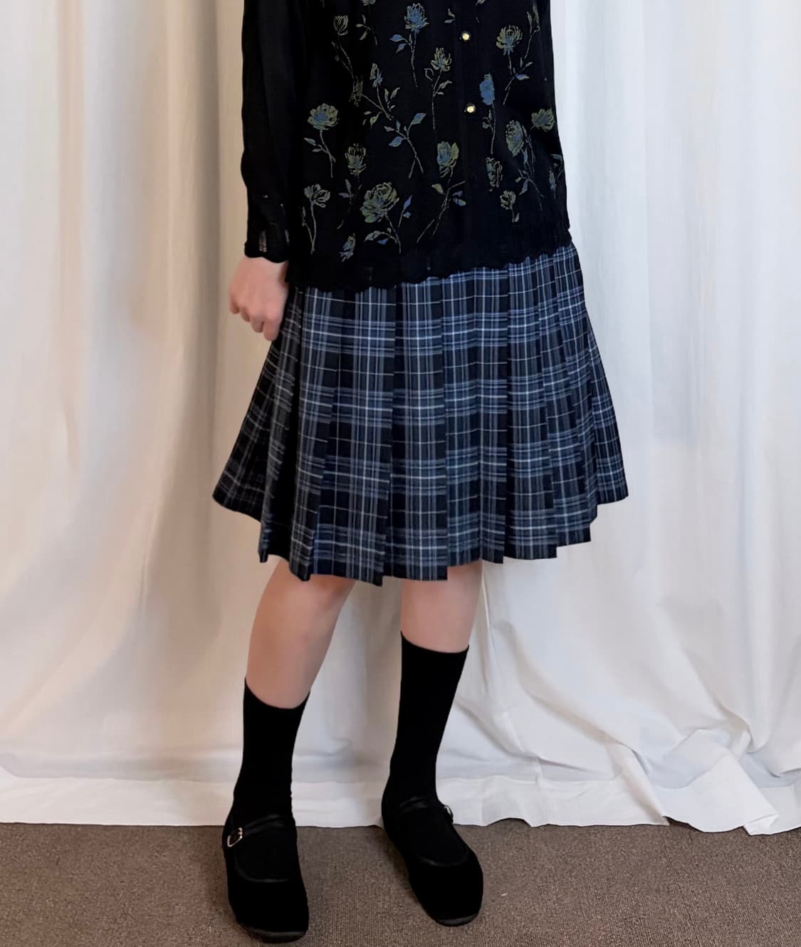 Blue Check Pleated Midi Skirt 상품이미지1