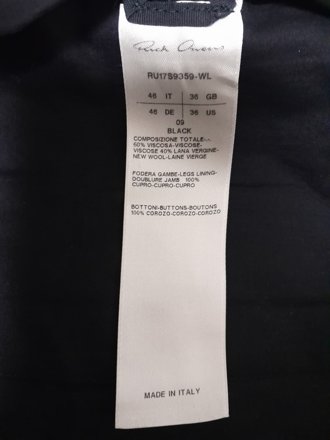 릭오웬스 메인라인 블랙 울 크롭팬츠 46/31" 상품이미지8