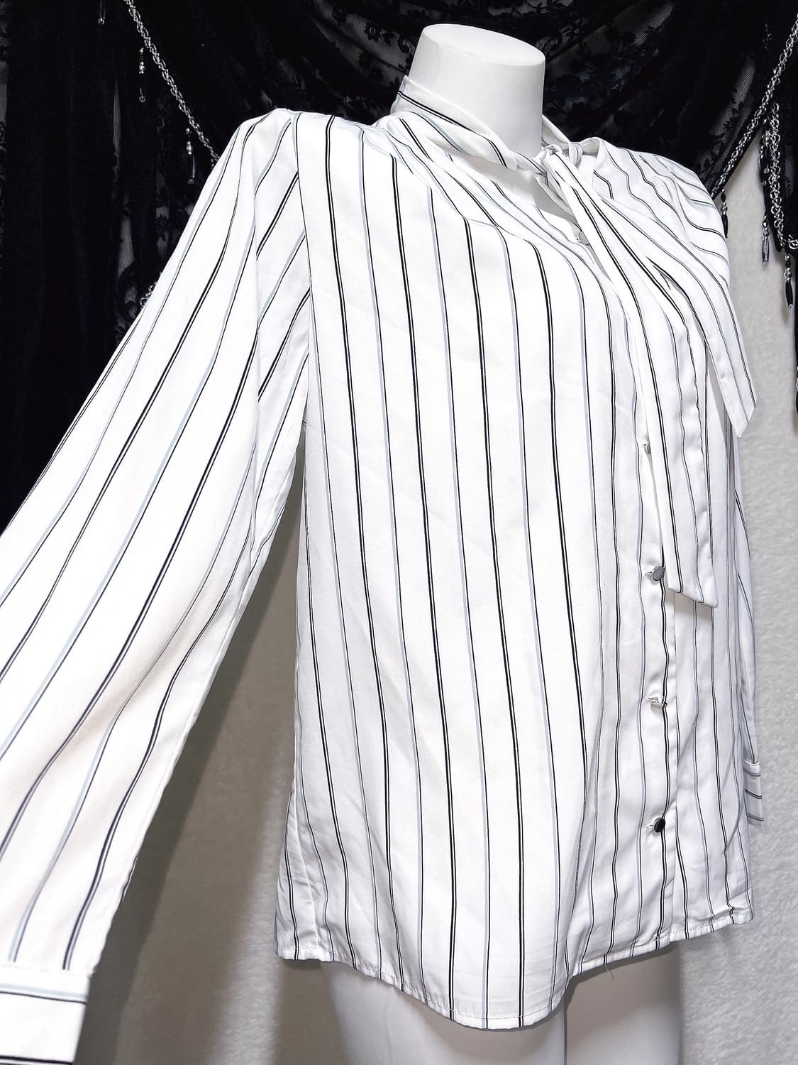 로맨틱갸루 스트라이프 타이 블라우스 셔츠 로걀탑 긱시크 프레피 오피스 상품이미지4