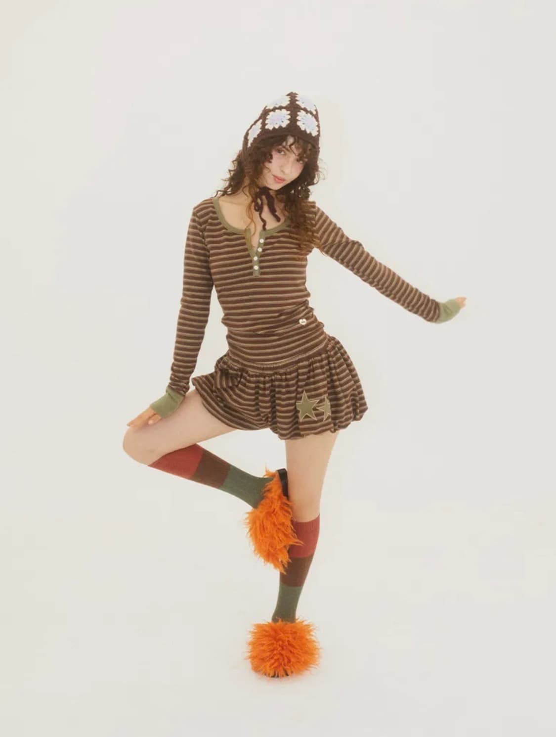 에즈이프캘리 스트라이프 벌룬 쇼츠 브라운 1회착 상품이미지2