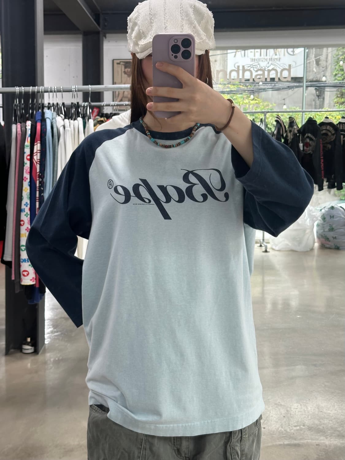 베이프 레터링 레글런 티셔츠 스카이블루 상품이미지1