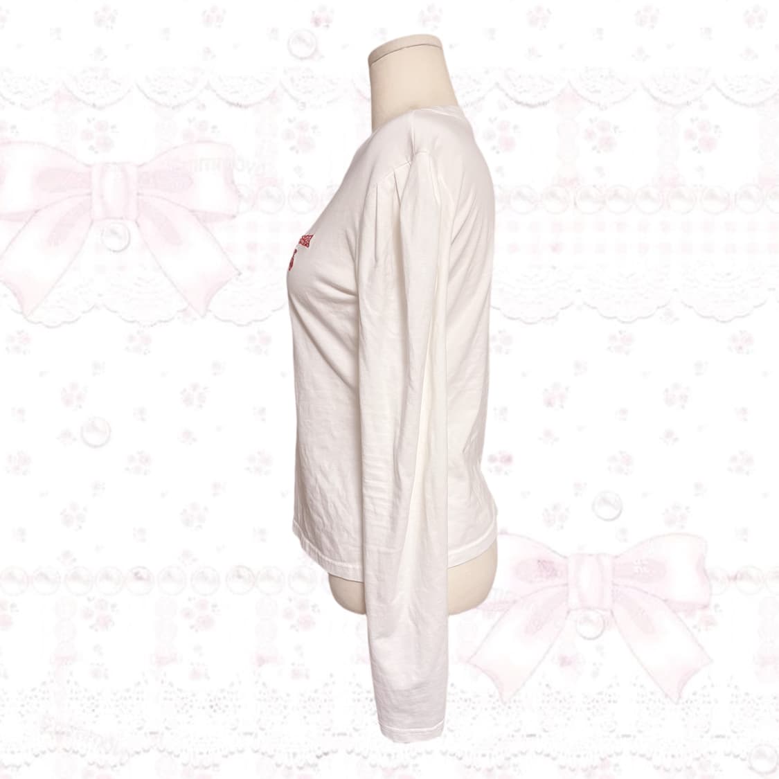 SINOON 시눈 레드 리본 포인트 퍼프 소매 화이트 롱 슬리브 티 상품이미지3