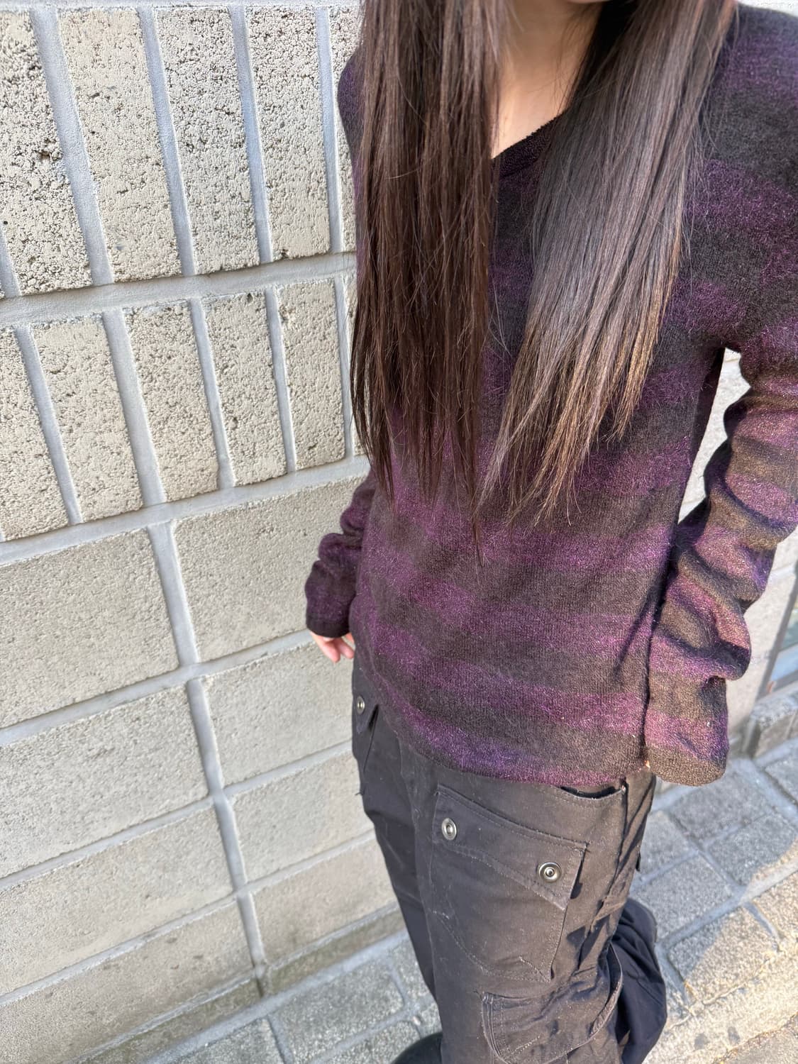 블랙&퍼플 스트라이프 슬림 니트 상품이미지1