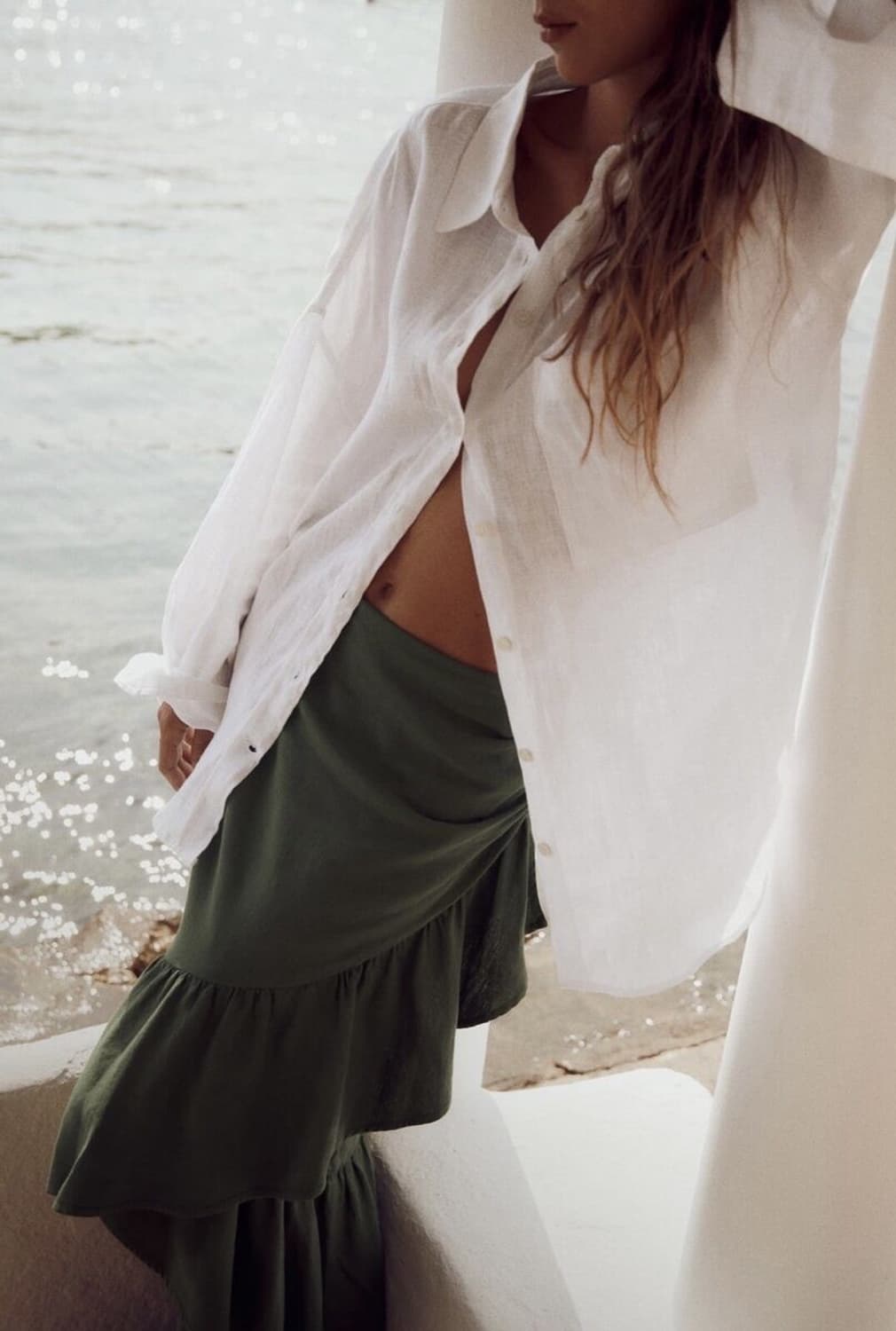 ZARA 자라 리넨 러플 미디 스커트 카키 상품이미지5