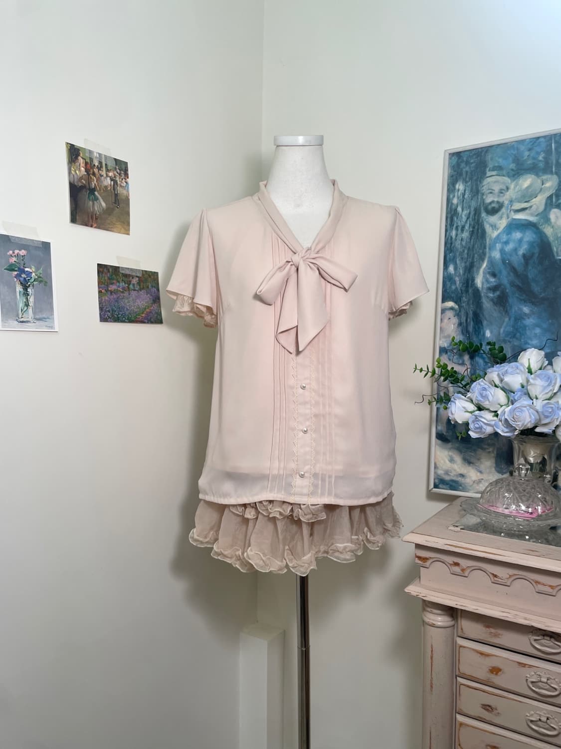 LODISPOTTO pink cream bow lace trim blou 상품이미지1