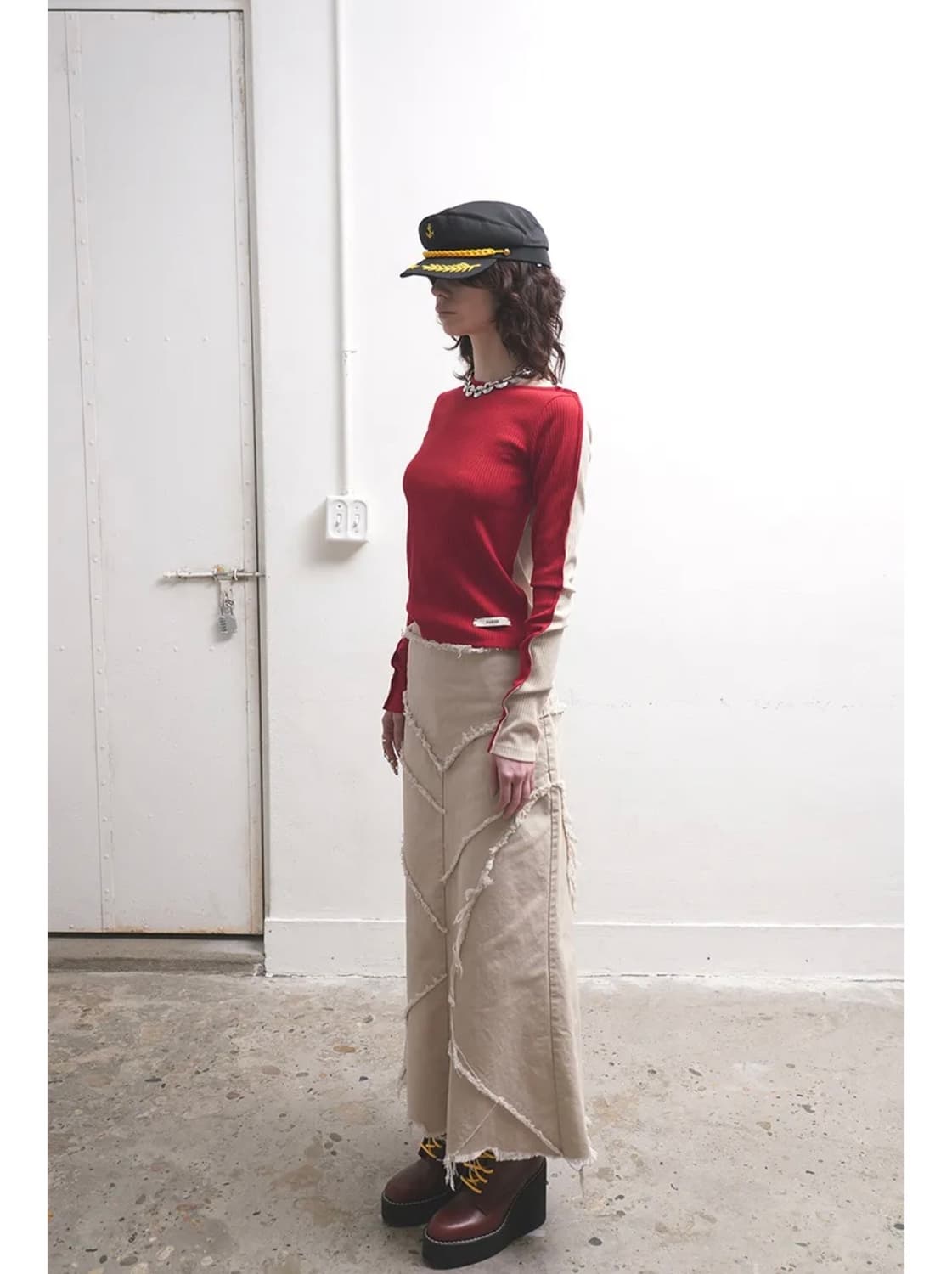 Dared 데어드 하프앤하프 롱 슬리브 탑 레드 상품이미지1