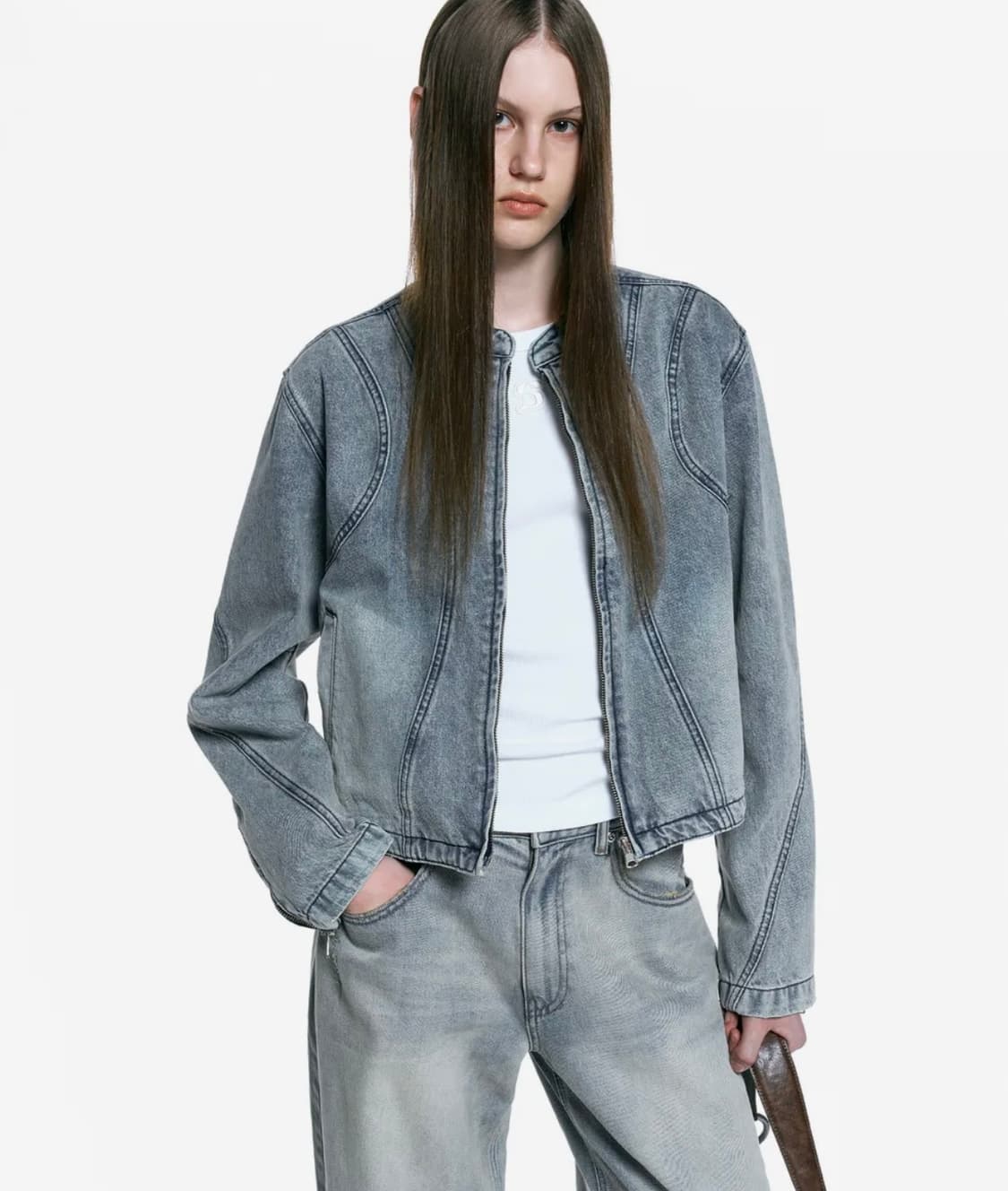인사일런스우먼 청자켓 브러쉬드 레이싱 데님 자켓 상품이미지1