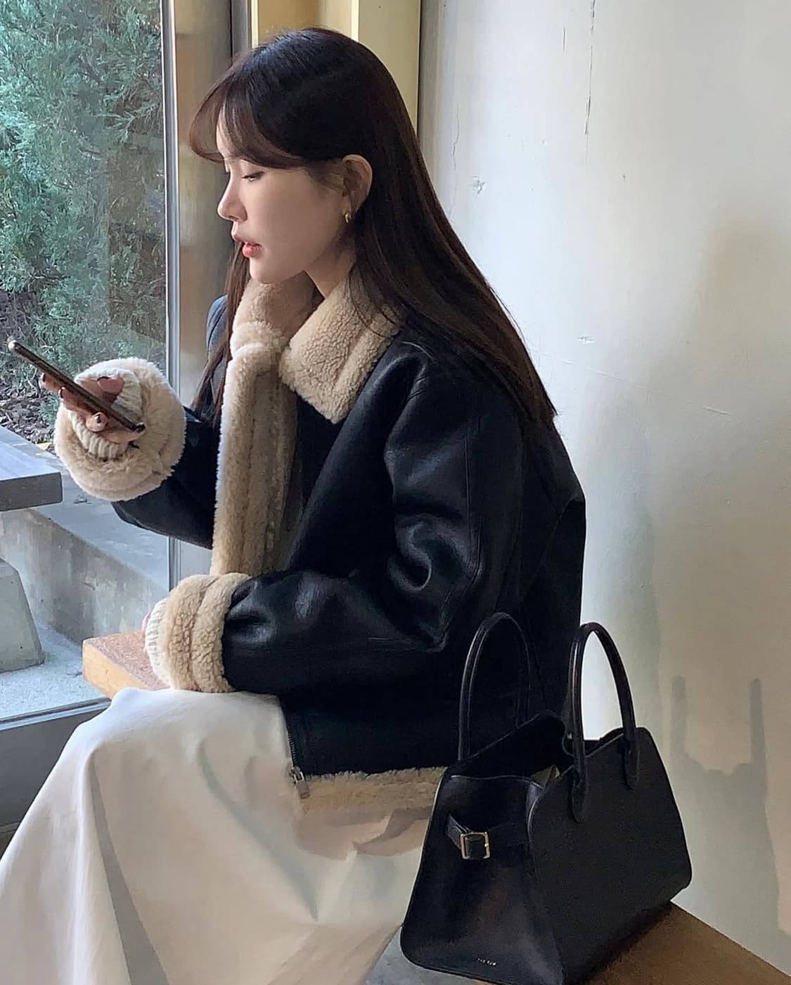 새상품) 메리어라운드 자체제작 비건 레더 무스탕 자켓 블랙 상품이미지1