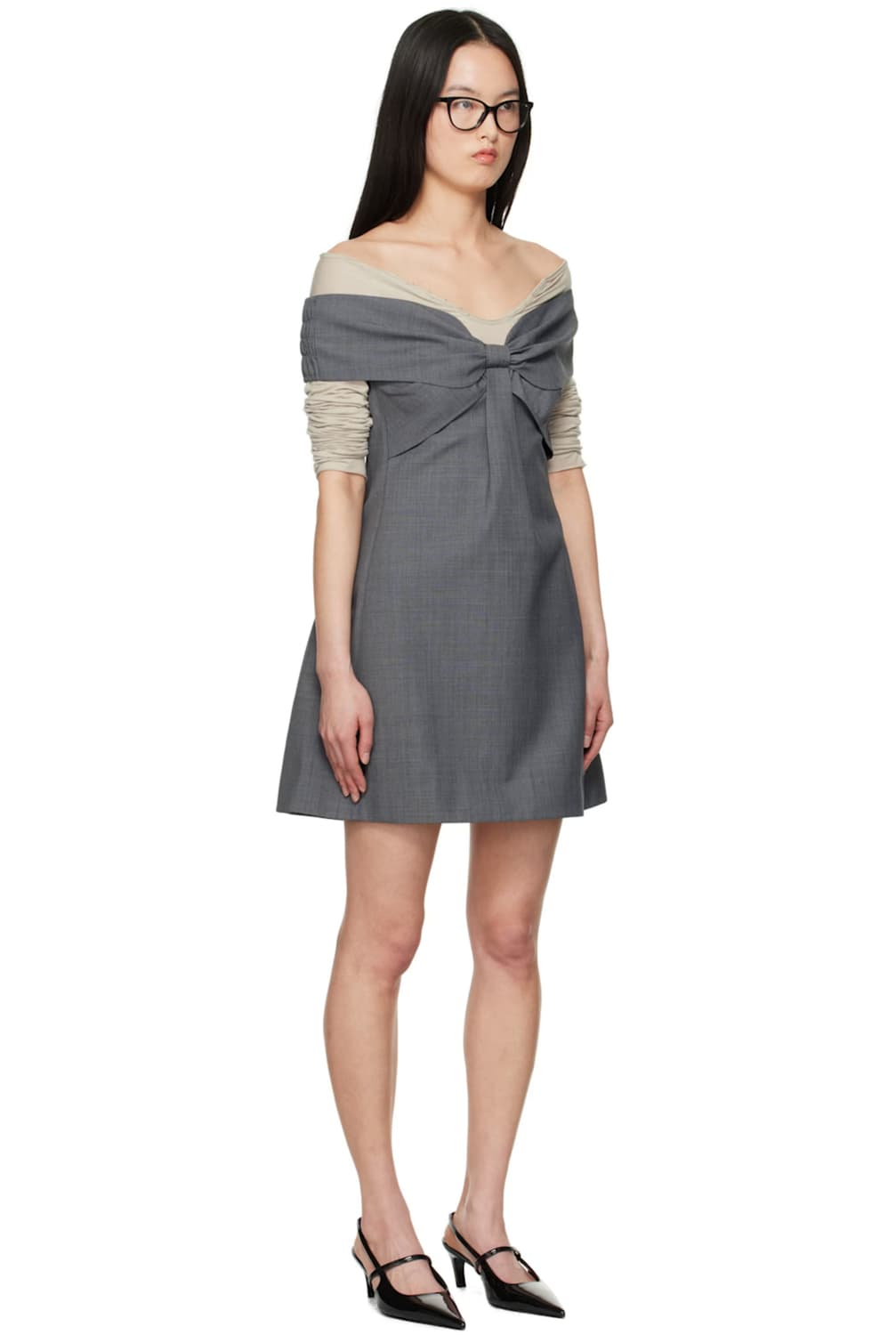 그레이 리본 오프숄더 미니 드레스 - 6 상품이미지2