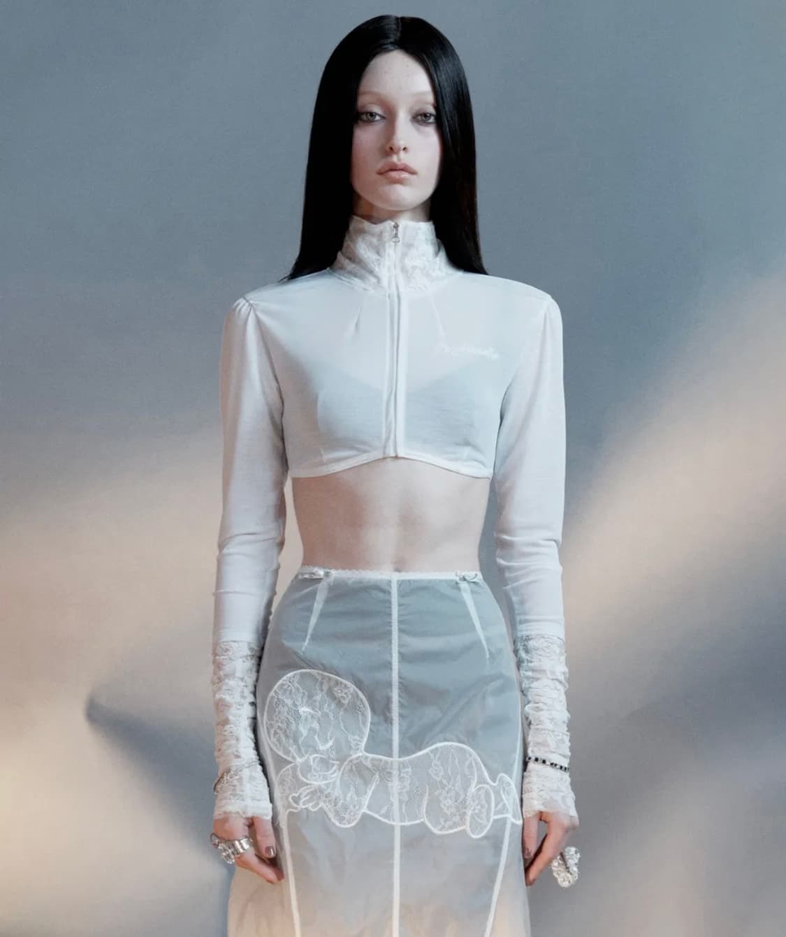 Casper Lace Zip-up Tee Ghost Sheer 상품이미지1