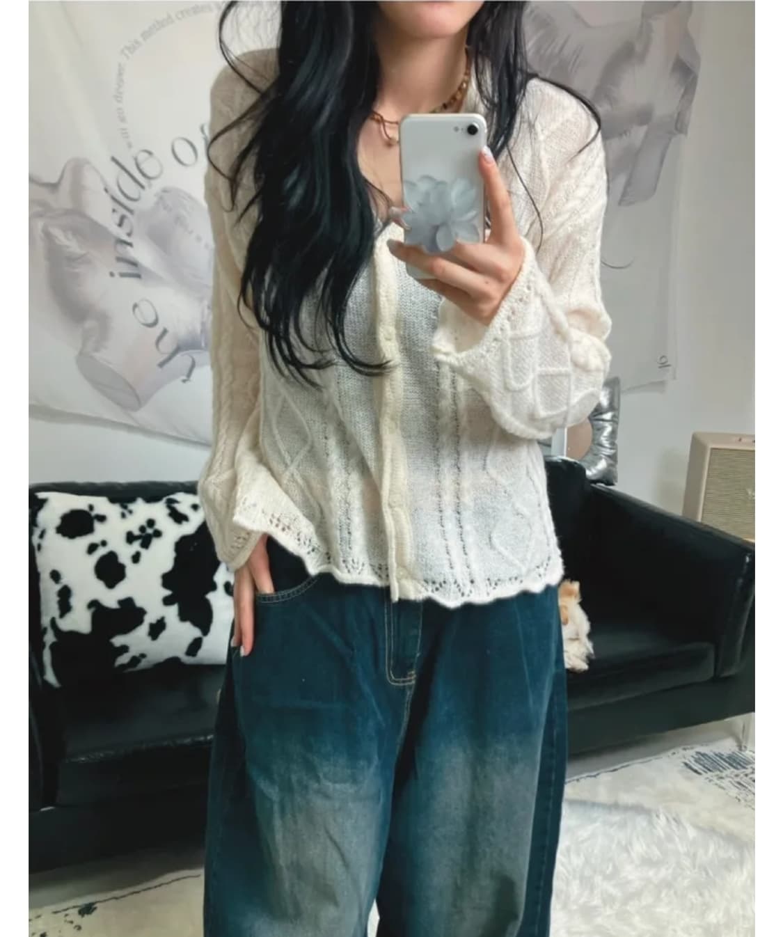 로몬 알파카 브이 꽈배기 펀칭 가디건 아이보리 상품이미지2