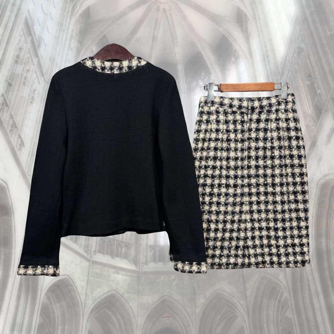 일본 빈티지 울100 클래식 금장 블랙 트위드 셋업 상품이미지2