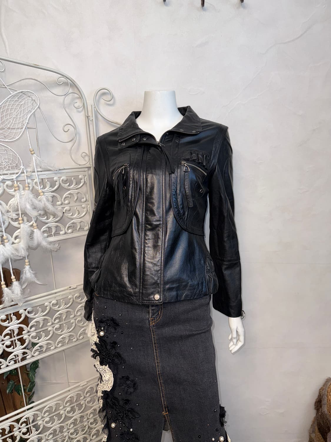 Black lamb skin zipper wrinkle detail jk 상품이미지4