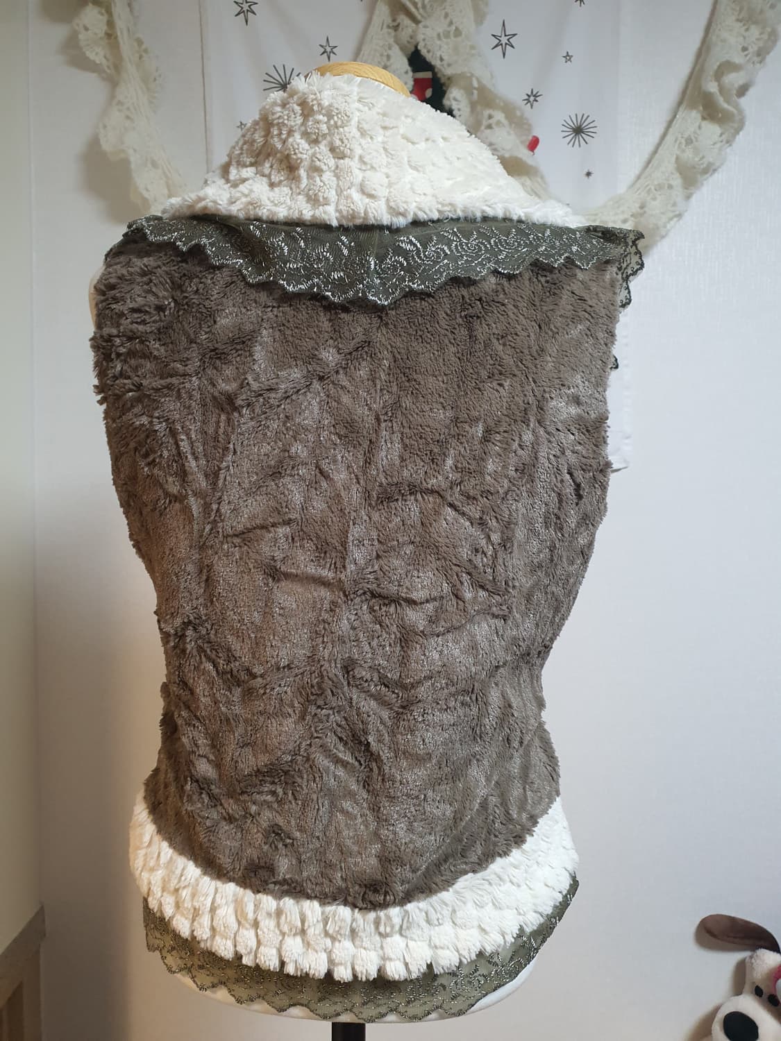 [갸루] 퍼 레이스 조끼 베스트 브라운 아이보리 상품이미지2