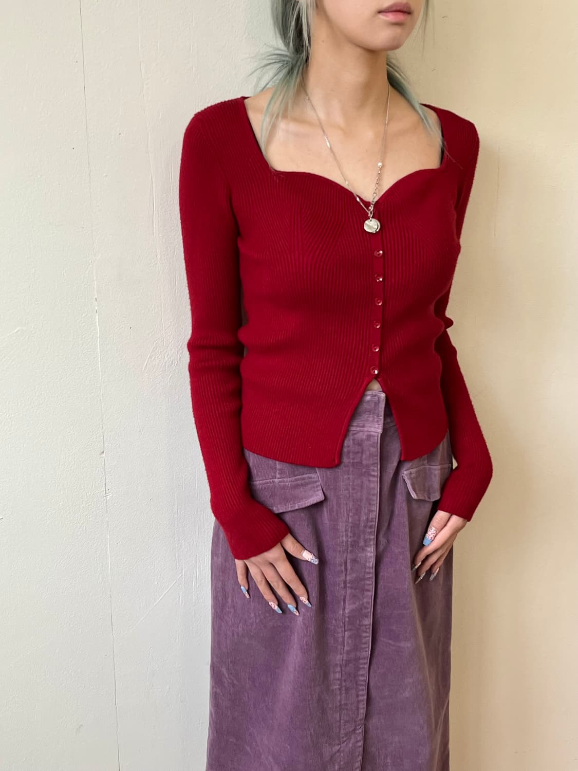 볼륨 업 레드 가디건 상품이미지4