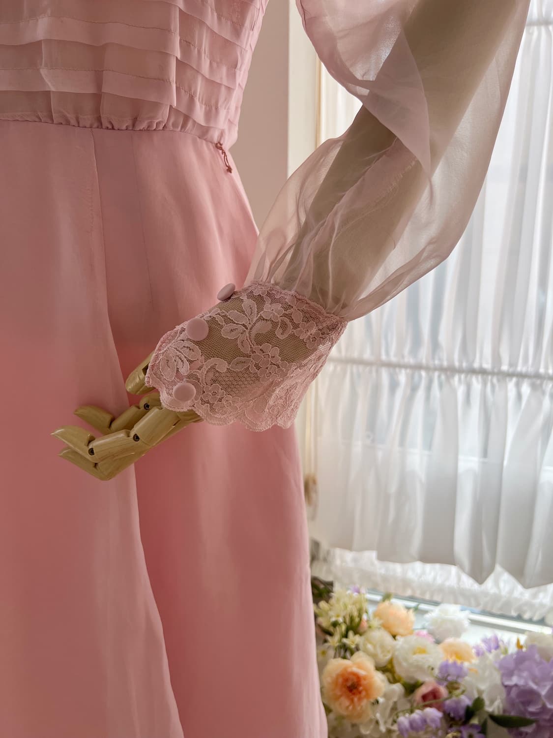 시스루 레이스 넥 쉬폰 플리츠 원피스 상품이미지4