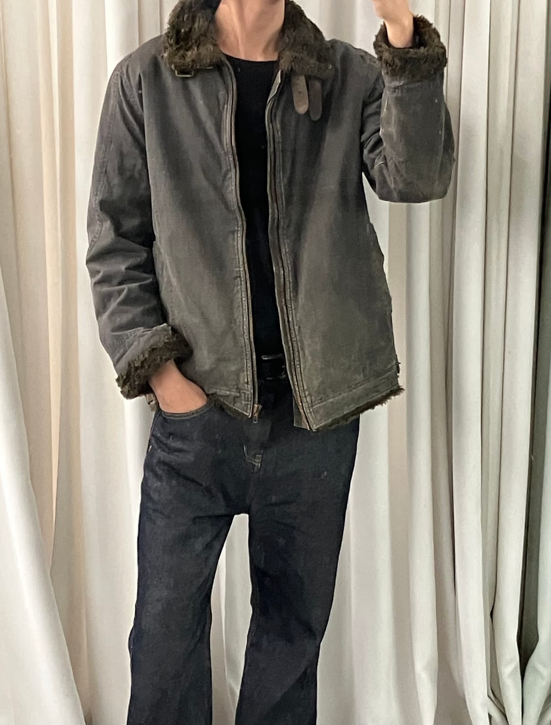 스미스 아메리칸 빈티지 워싱 퍼 하이넥 데님 자켓 L 상품이미지8