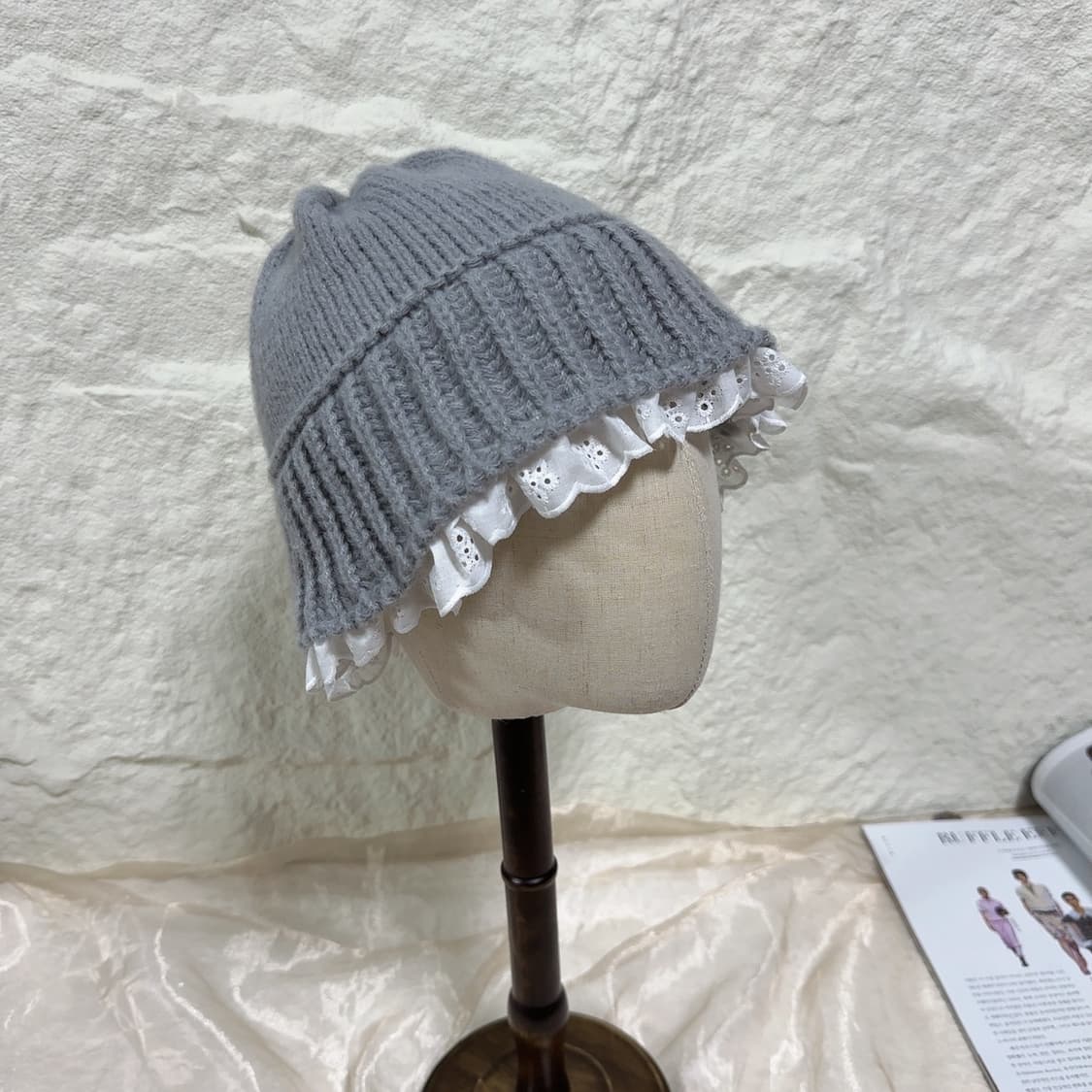 빈티지 그레이 토끼털 니트 레이스모자 버킷햇 상품이미지2