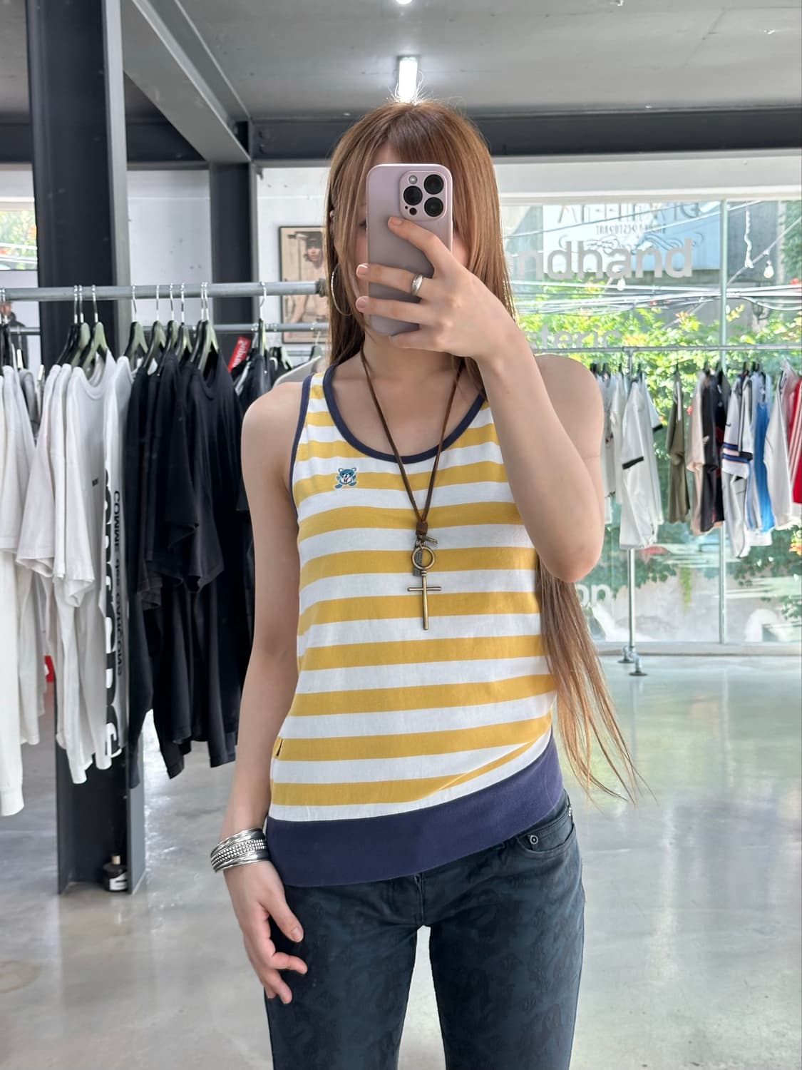 히스테릭글래머 퍽베어 자수 스트라이프 슬리브리스 상품이미지1