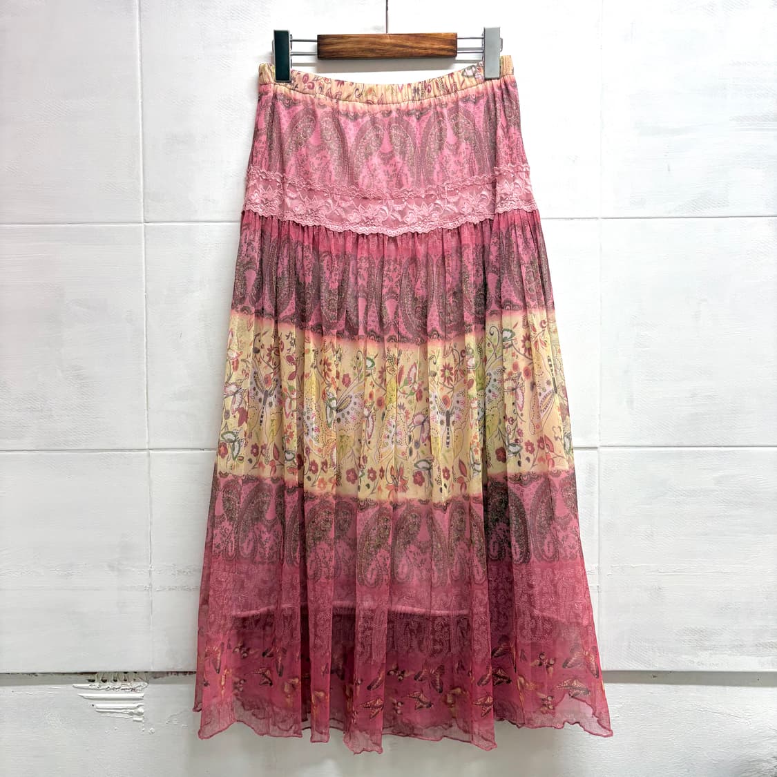 쉬폰 핑크 패턴 에스닉 레이스 롱 스커트 F JPN 상품이미지5