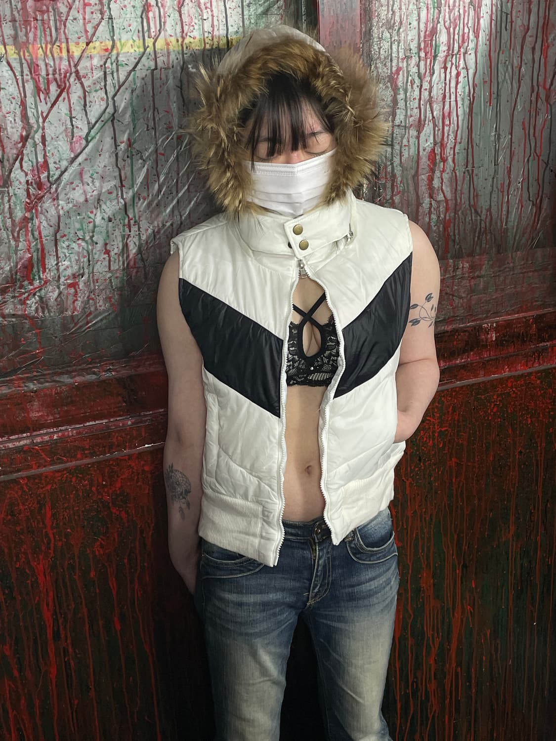 일본 빈티지 퍼 후드 갸루 패딩 베스트 패딩조끼 M 상품이미지3