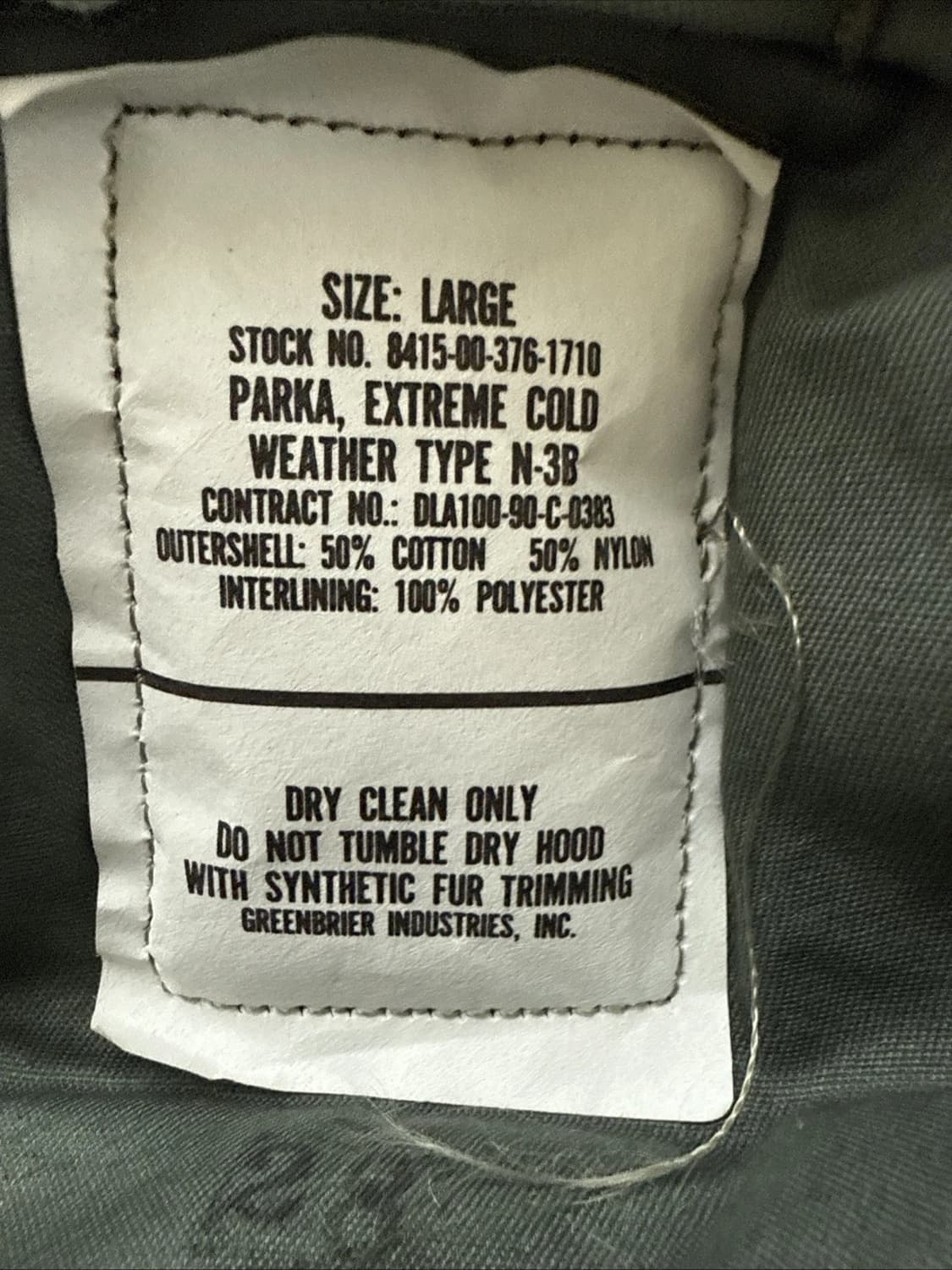 90s 미공군 납품용 그린브라이어 인더스트리 N-3B 파카 세이지그린 상품이미지7