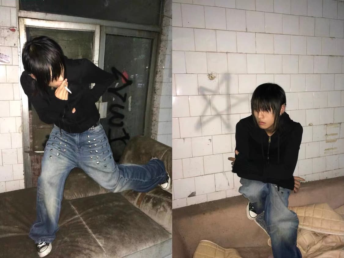 Blue Studded Washed Loose Jeans 상품이미지7