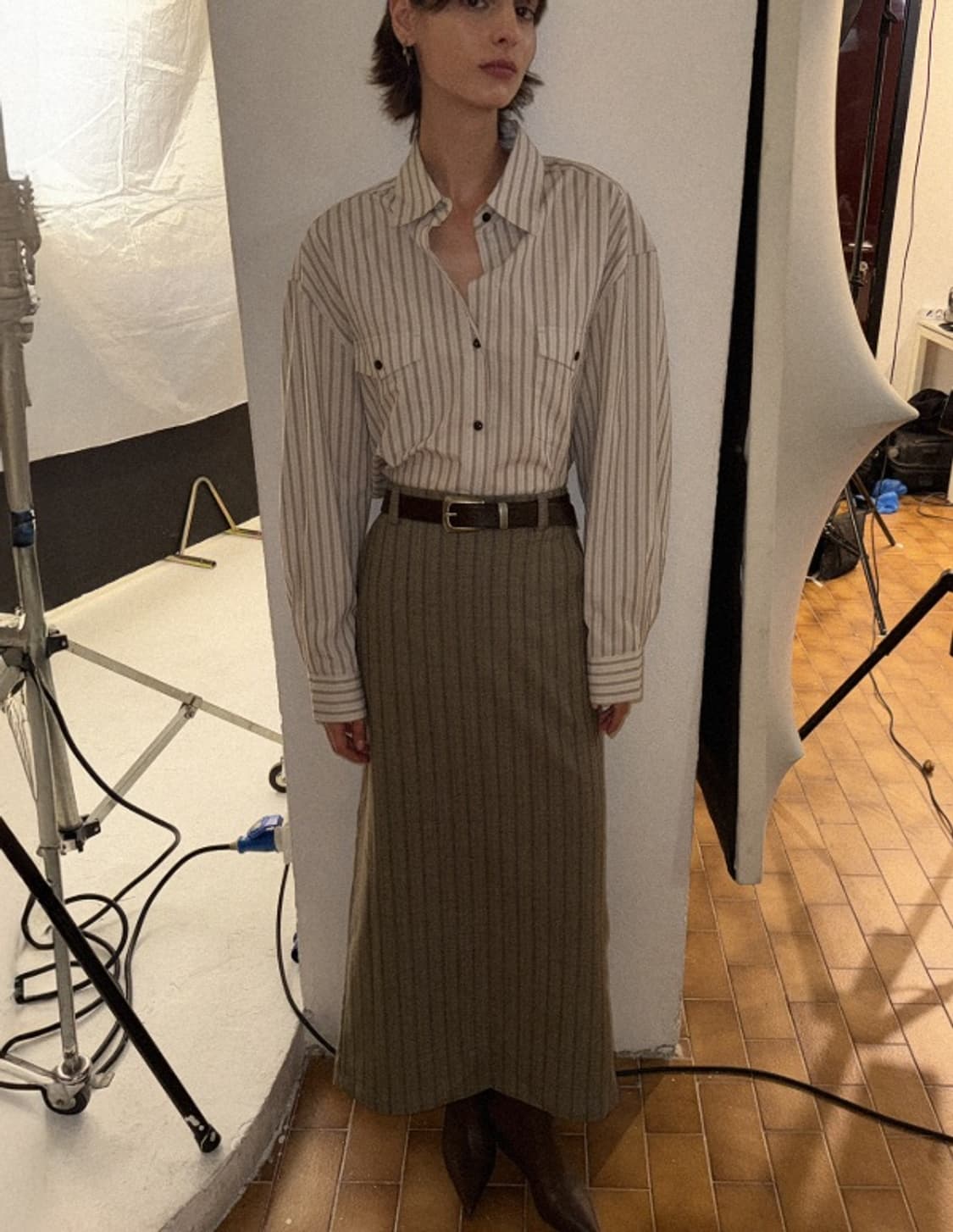 엘무드  버티컬 맥시 스커트 스트라이프 브라운 36사이즈 상품이미지1