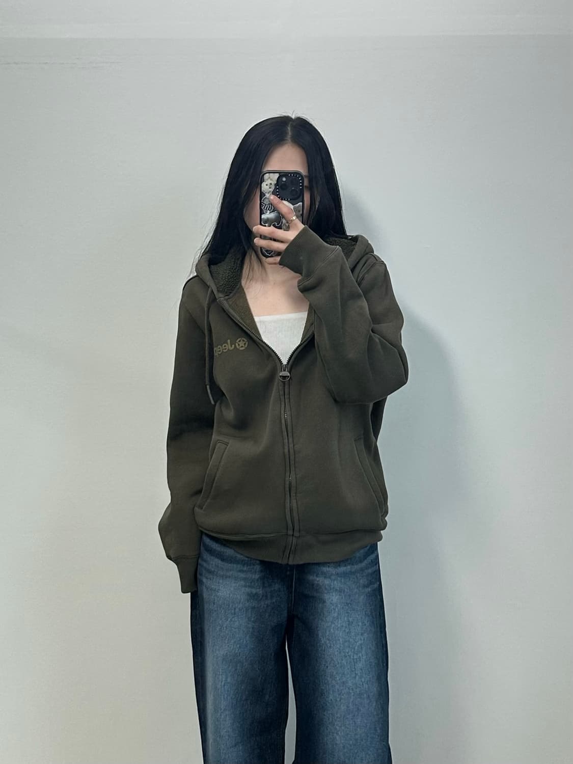 지프 자수로고 카키 후드집업 상품이미지1