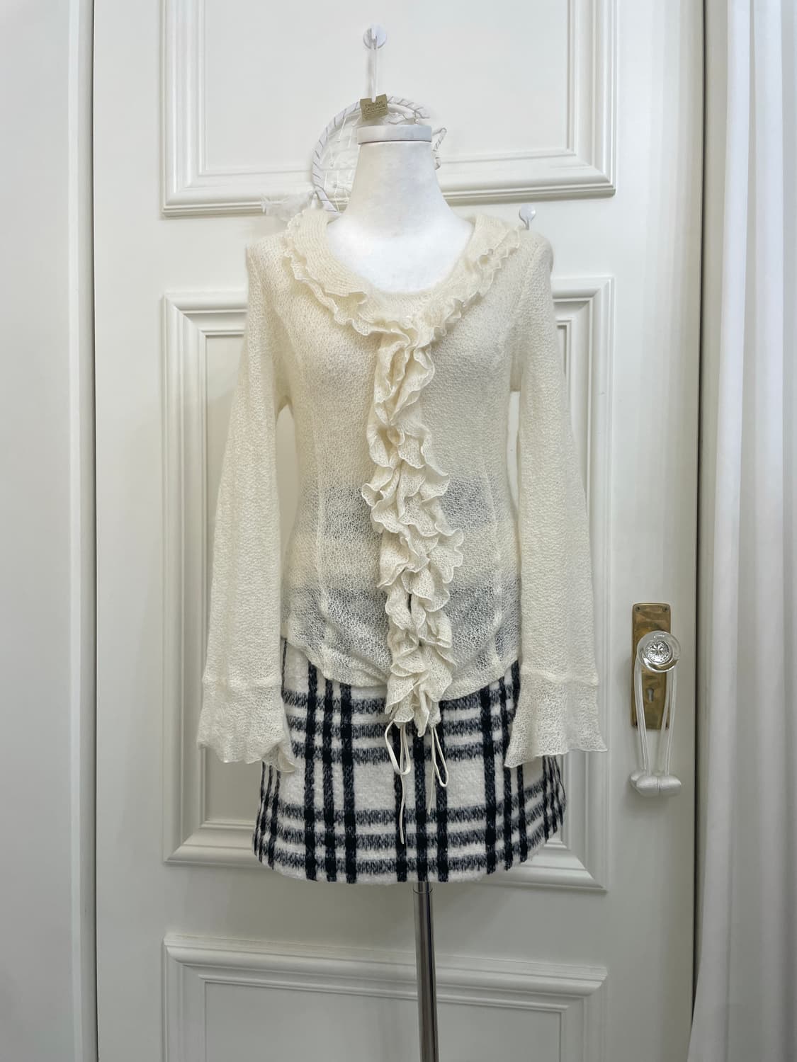 ivory black check wool midi skirt 상품이미지6