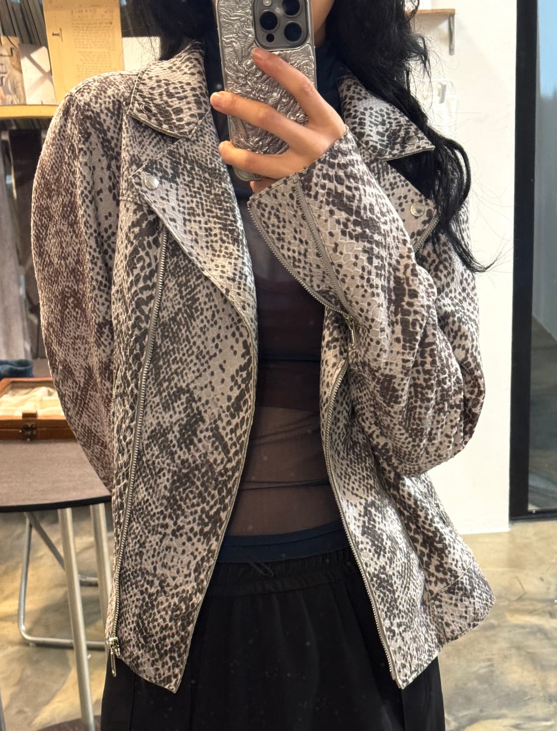 레오파드 하이넥 라이더 자켓 상품이미지1