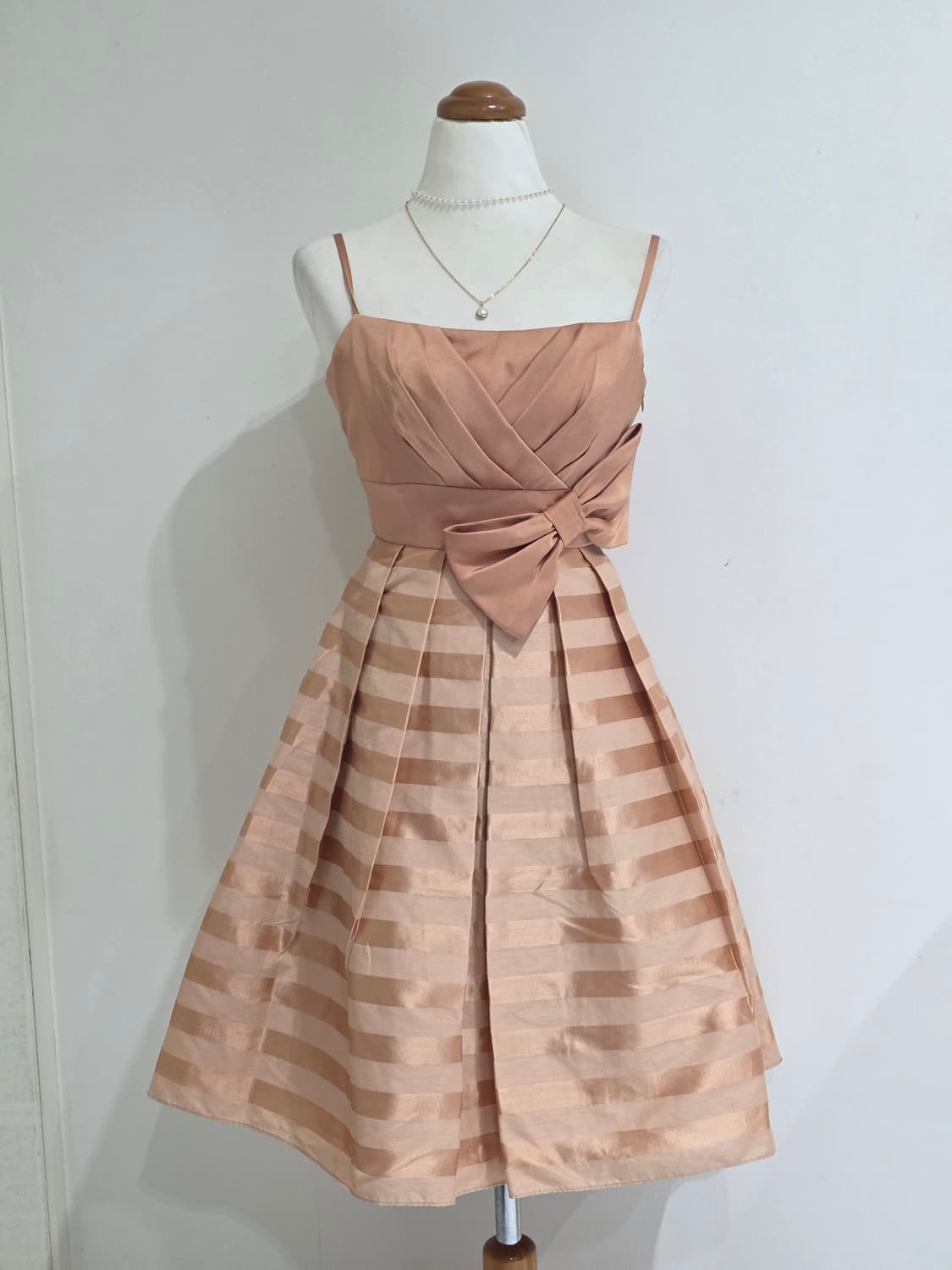 일본빈티지)빅리본 골드오렌지브라운 스트라이프 코르셋 새틴파티걸드레스 상품이미지1