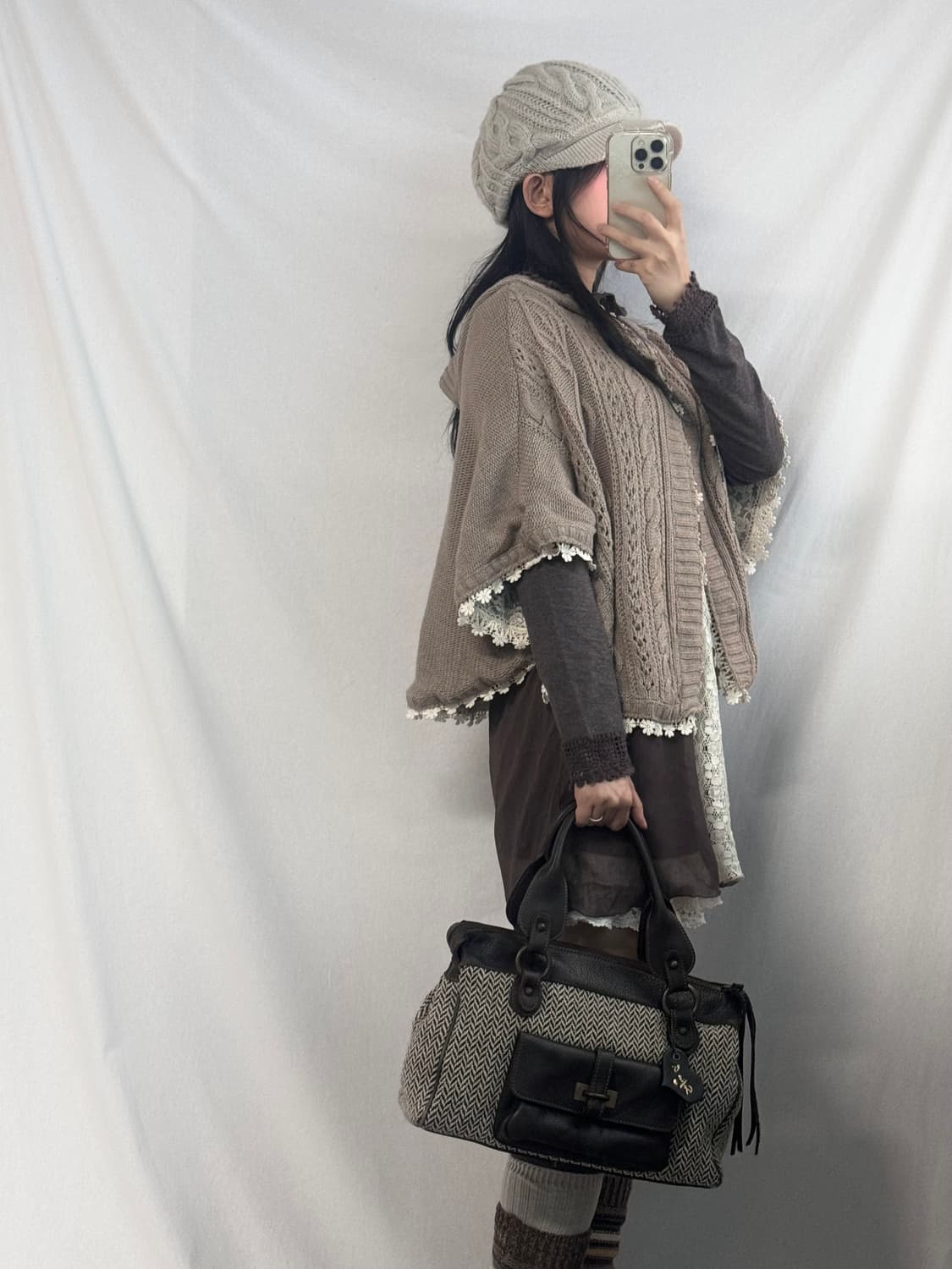 레이스 레이어드 케이블 니트 후디드 케이프 상품이미지3