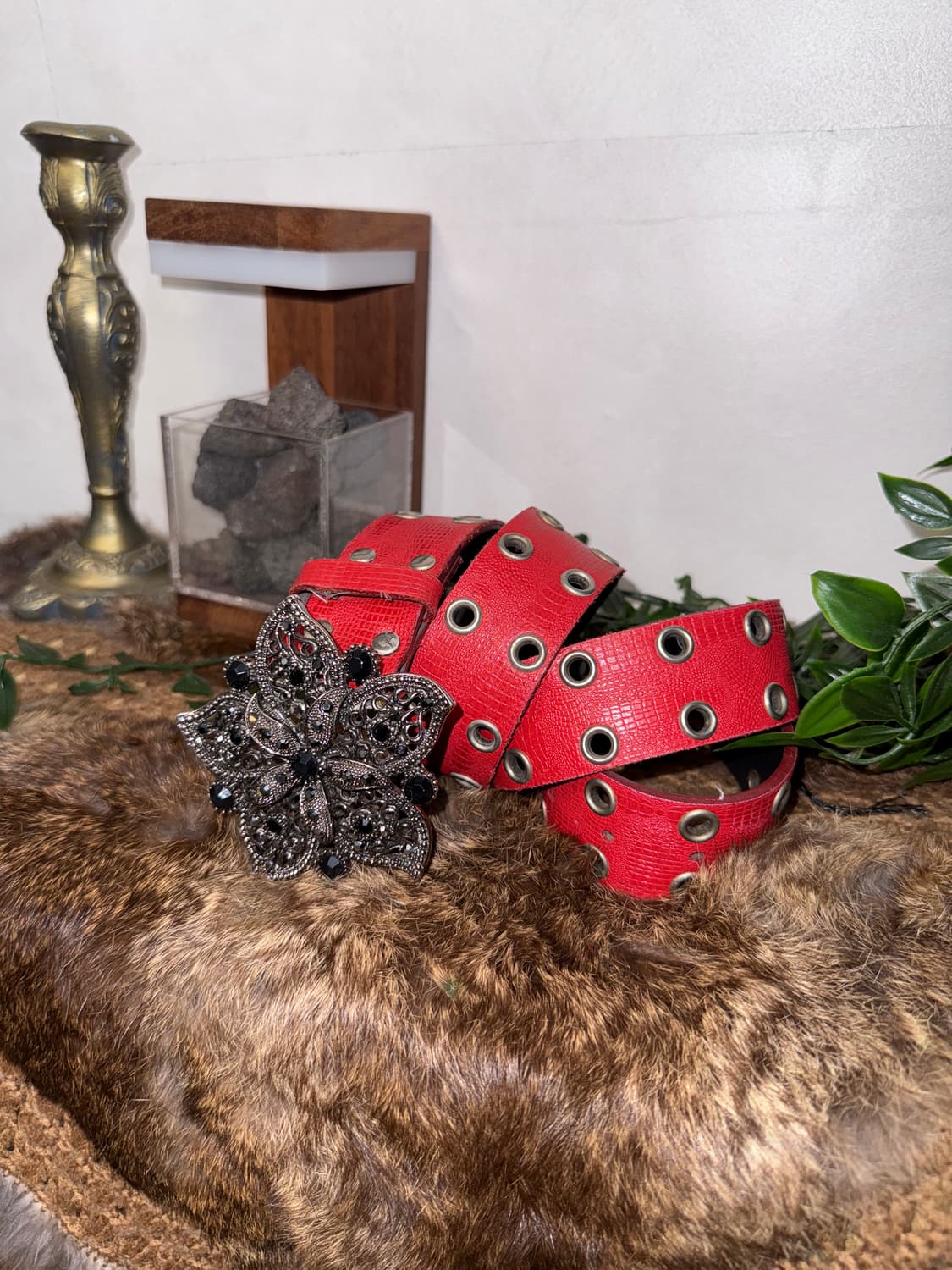 Red oriental flower cubic buckle belt 상품이미지2