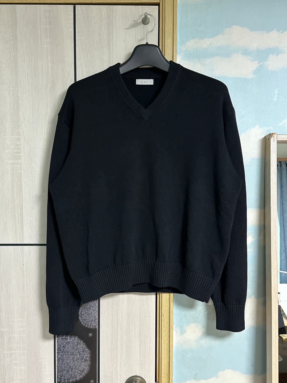 (XL) 애습 코튼 브이넥 니트 블랙 상품이미지2