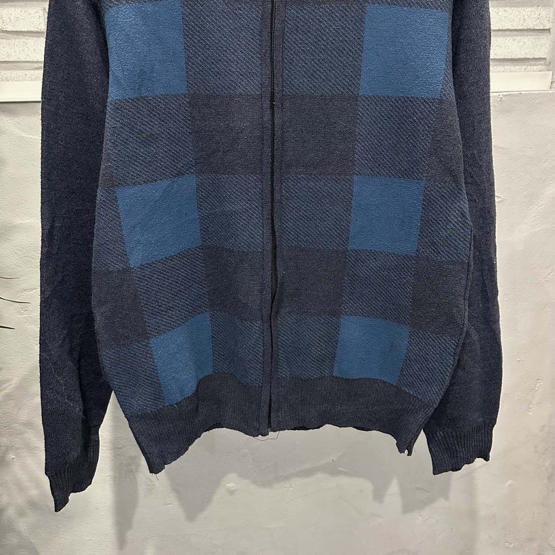 KR VINTAGE 니트 집업 가디건 하이넥 체크 패턴 디테일 네이비 상품이미지5