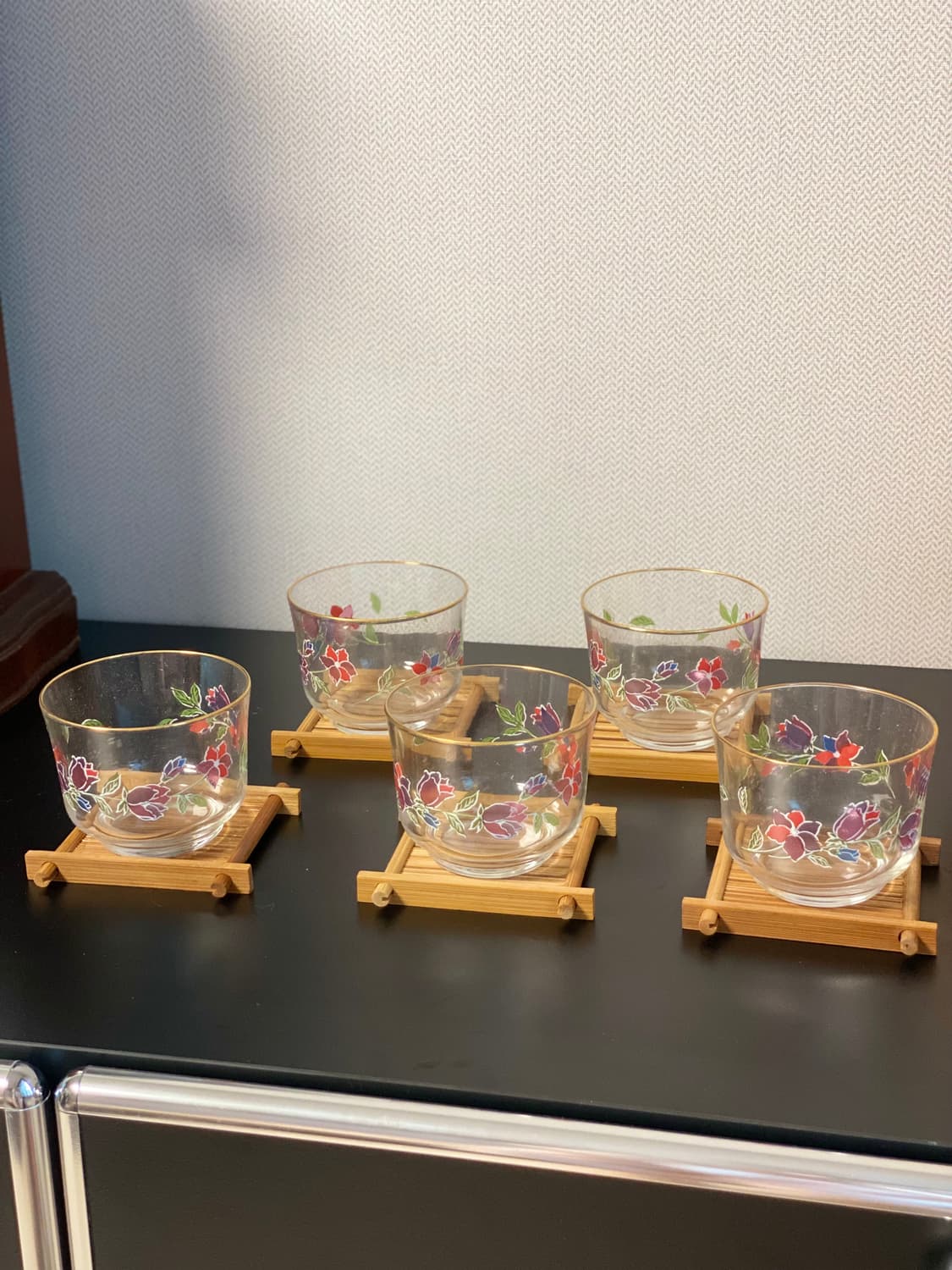 일본수입 ADERIA GLASS 플라워 유리 찻잔 5객 세트 (우드 받침 상품이미지4