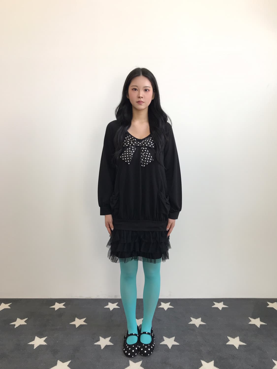 Jpn Black Tulle Ruffle Bow Tunic Dress 상품이미지1