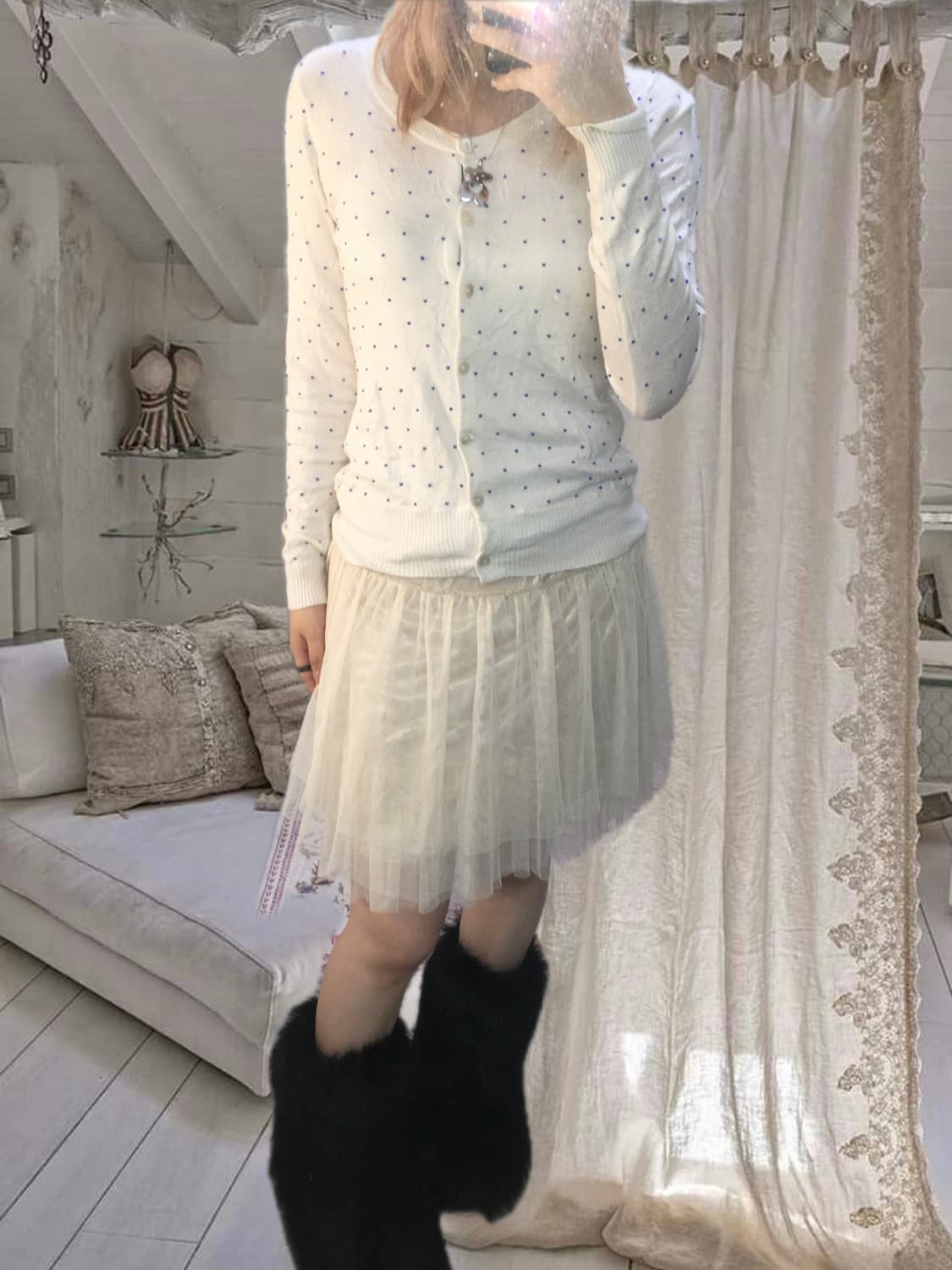 jpn vintage ivory blue beads cardigan 상품이미지3