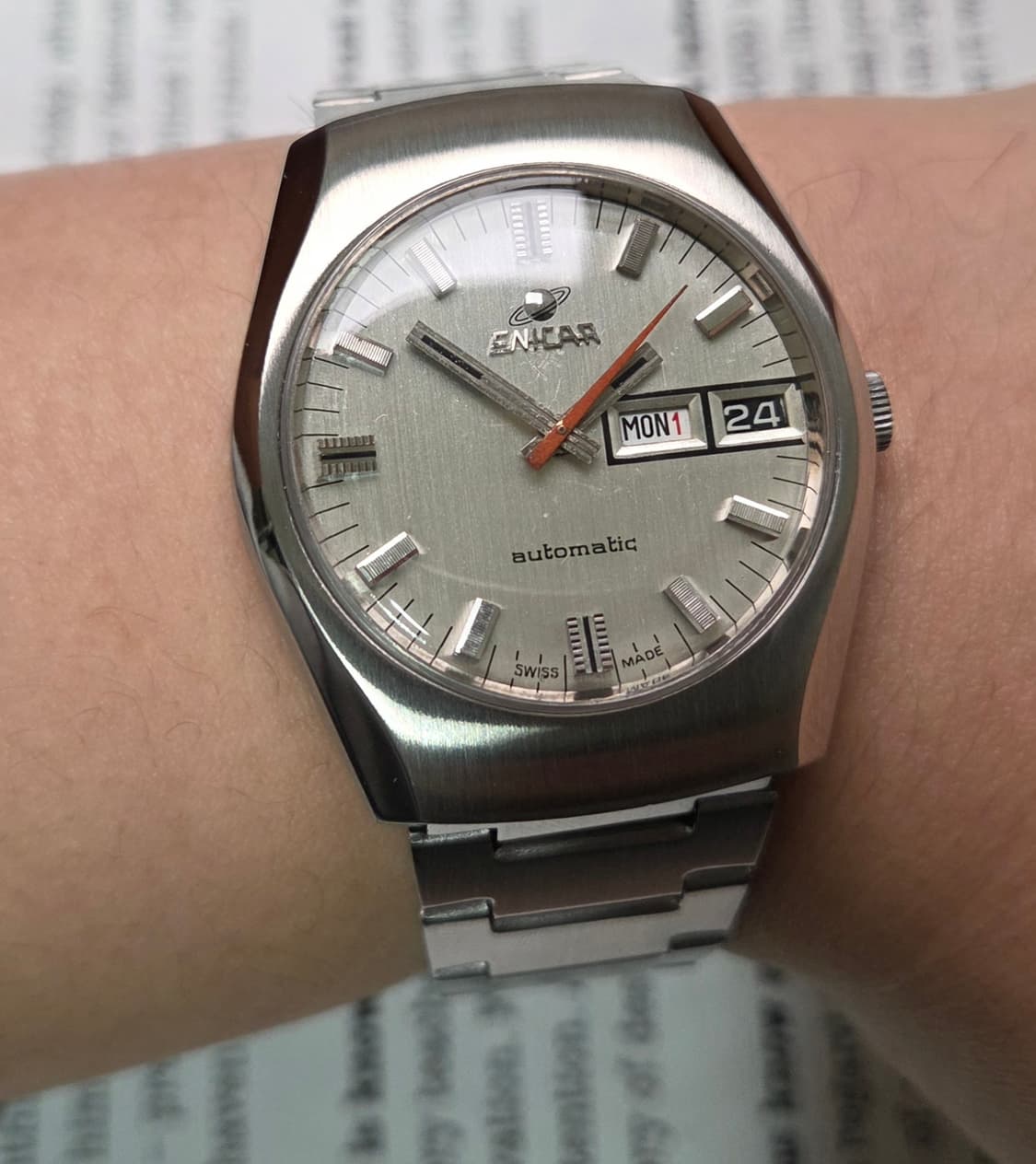 레어] 빈티지 애니카(Enicar) 데이데이트 실버판 오렌지초침 오토매틱 상품이미지10
