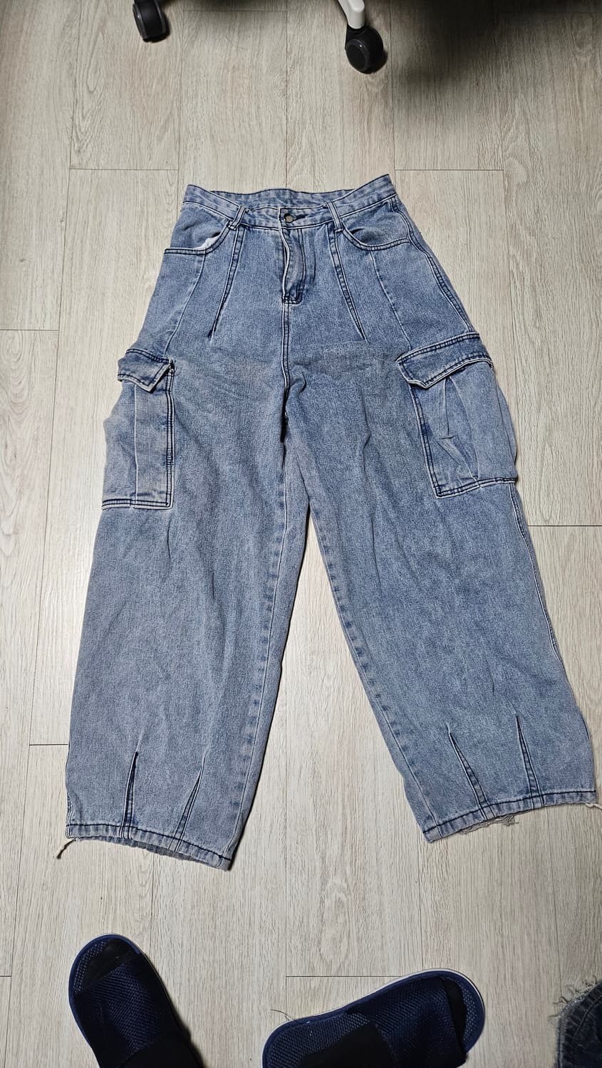 연청색 와이드 카고 데님 팬츠, 벌룬팬츠 상품이미지1