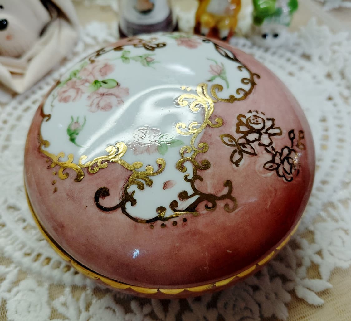Antique)1900년대초반 앤틱 로즈 패턴 핑크색 포슬린 보석함 상품이미지7