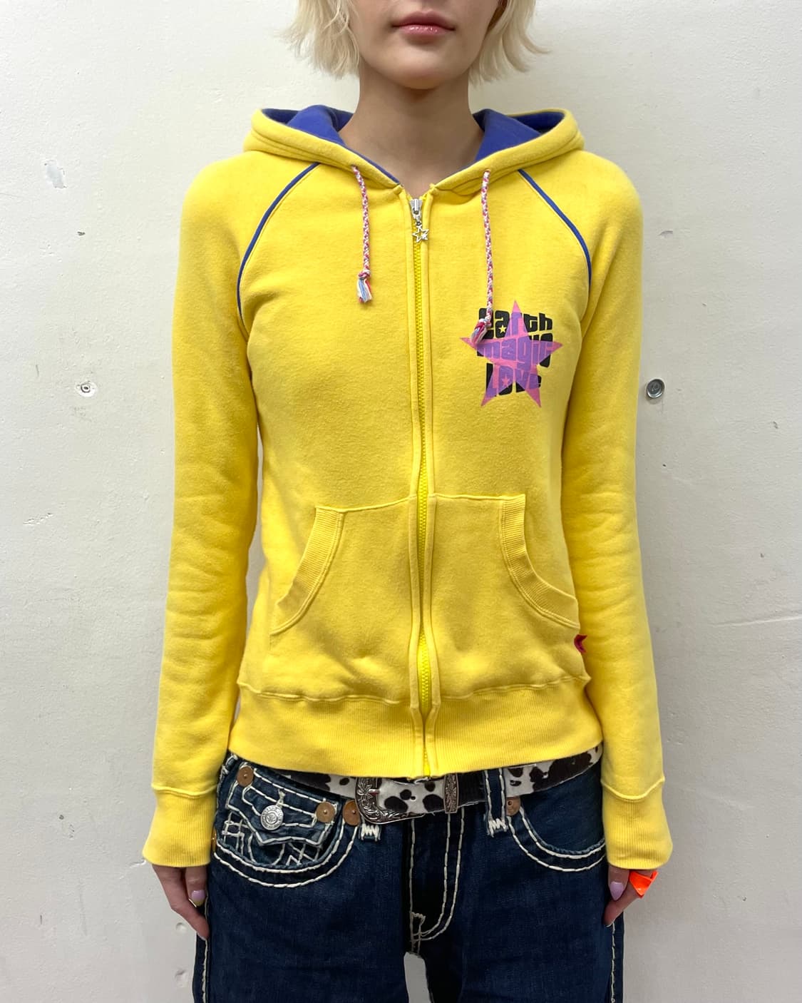 Retro Pink Star Yellow Hooded Zip-Up  상품이미지2