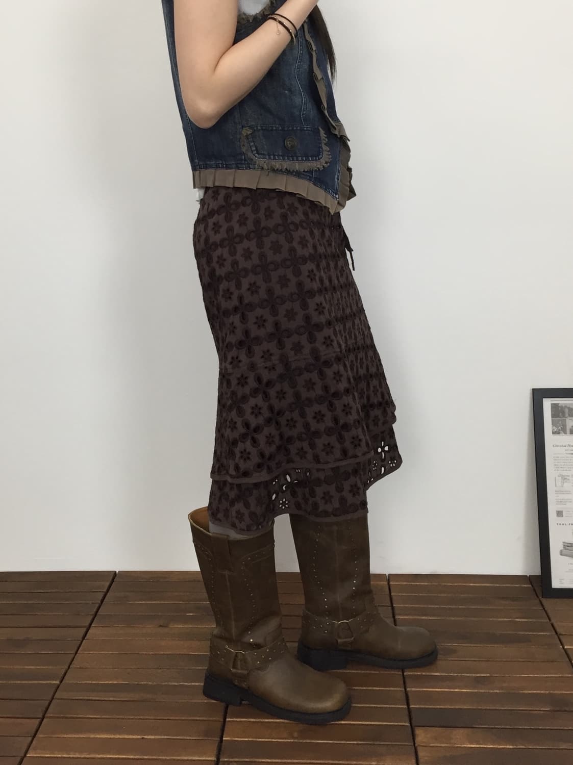 Jpn Brown Floral Punching Tiered Skirt 상품이미지3