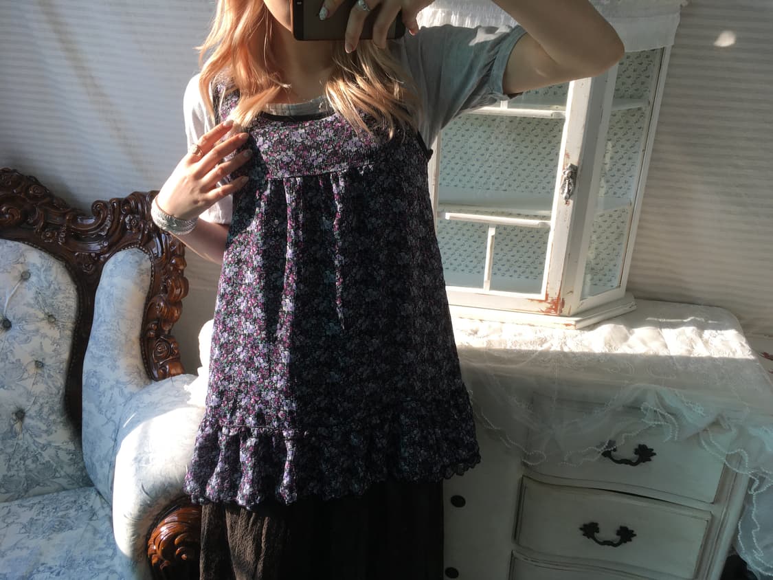 Set)하구미 꽃무늬 프릴 원피스 + 모리 그레이 티셔츠 상품이미지5